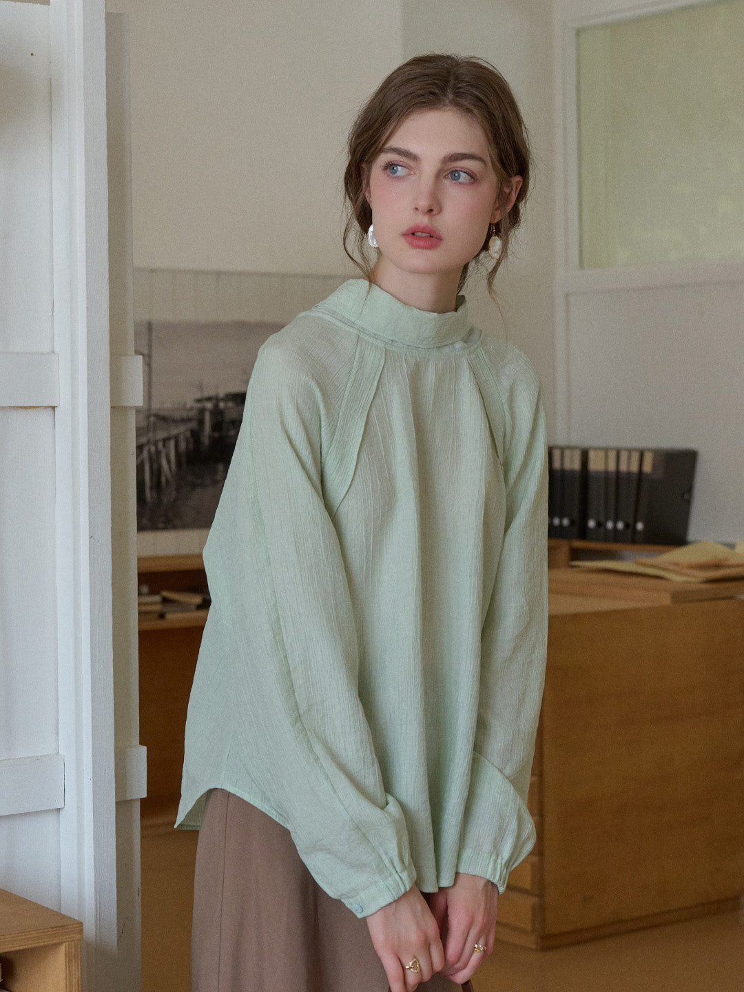 Rosemary Bow Collar Lyocell Wool Blouse