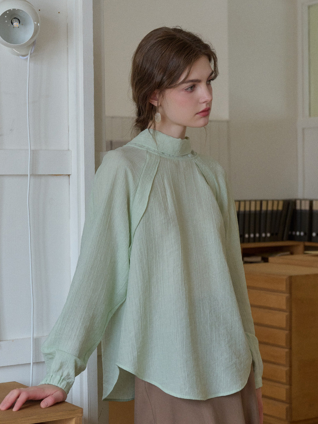 Rosemary Bow Collar Lyocell Wool Blouse