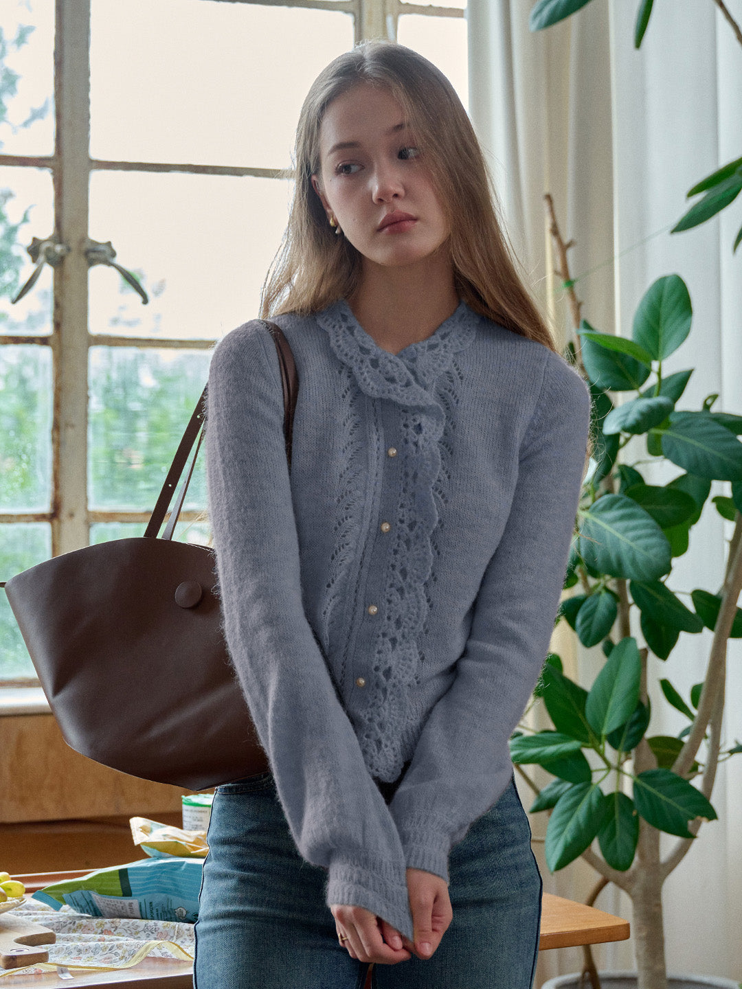 Lauren Wavy Collar Hollow Knit Cardigan