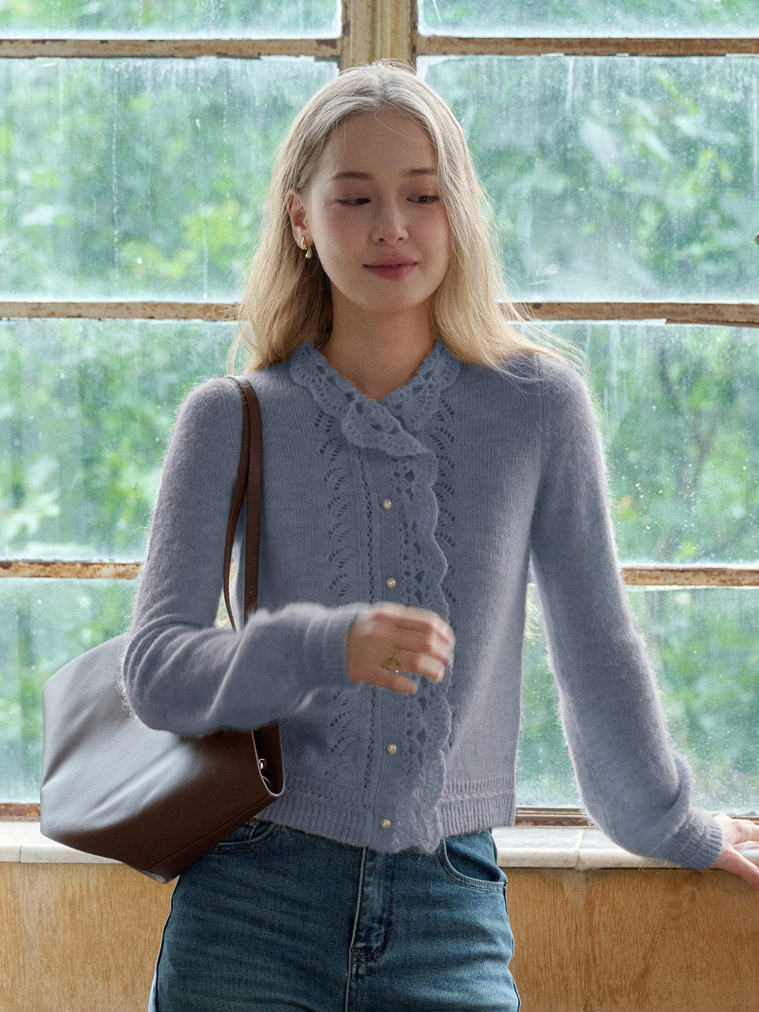 Lauren Wavy Collar Hollow Knit Cardigan