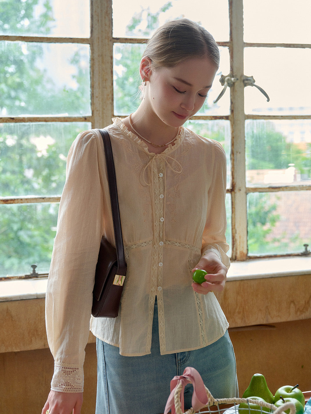 Catherine Stand Collar Lace Cotton Blouse