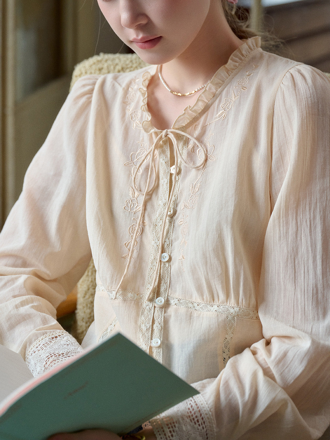 Catherine Stand Collar Lace Cotton Blouse