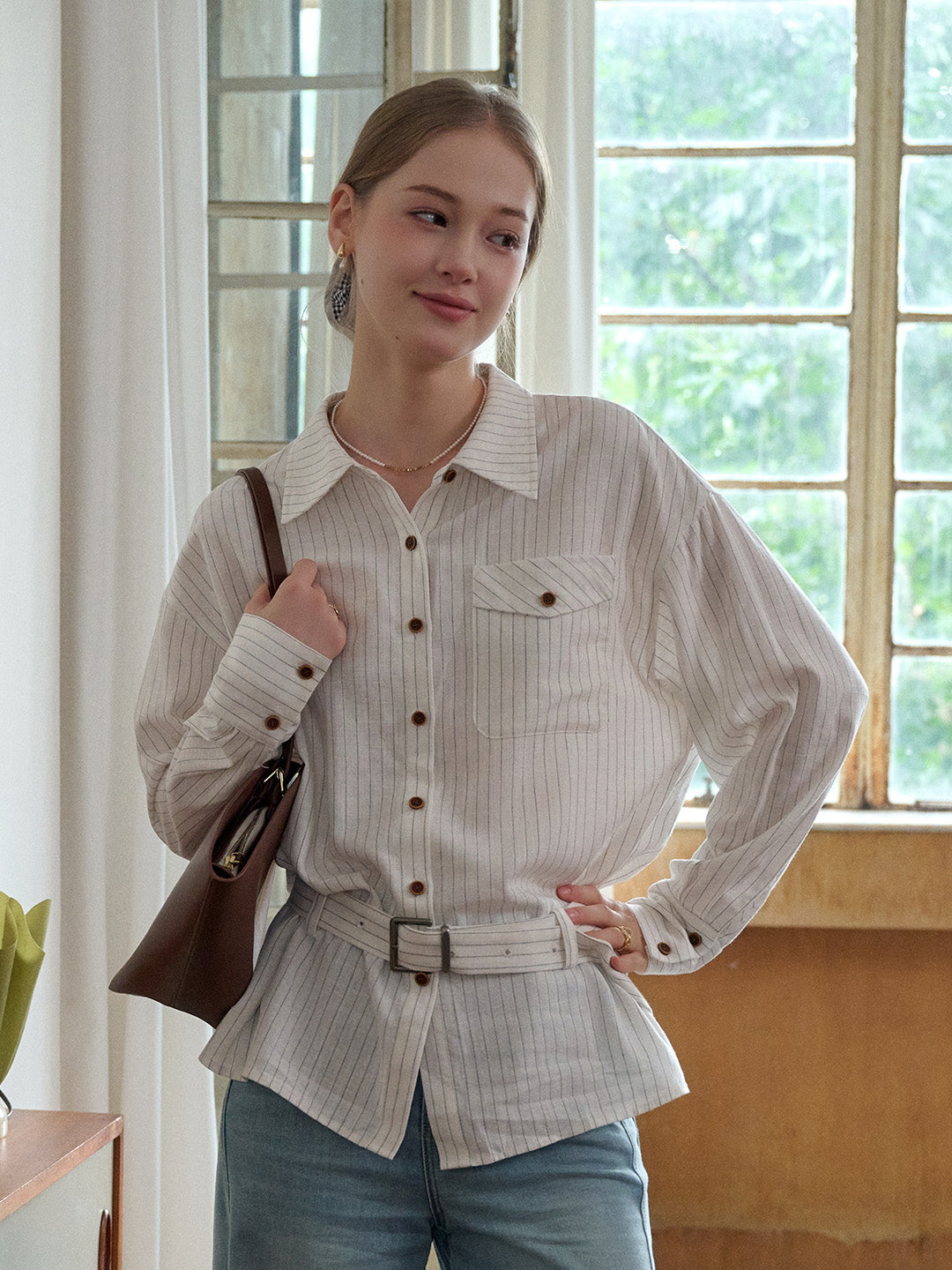 Mckenna Lapel Stripes Belt Linen Shirt