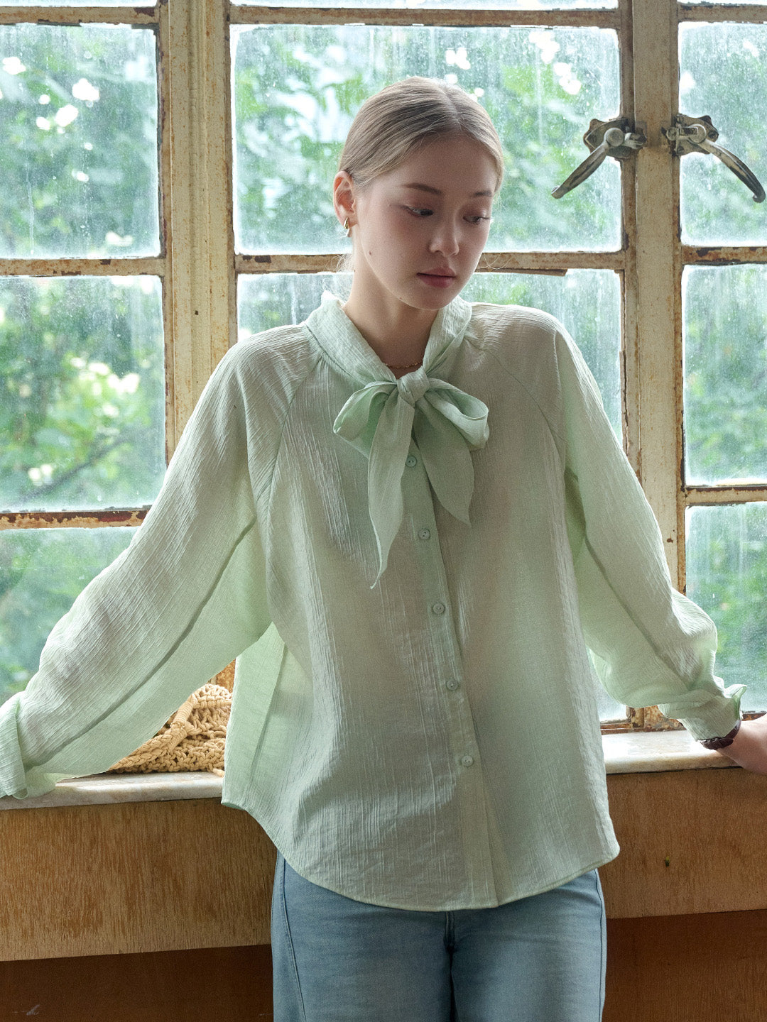 Rosemary Bow Collar Lyocell Wool Blouse