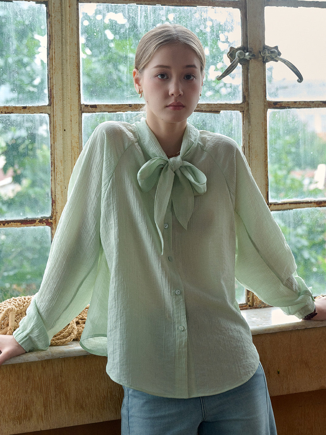 Rosemary Bow Collar Lyocell Wool Blouse