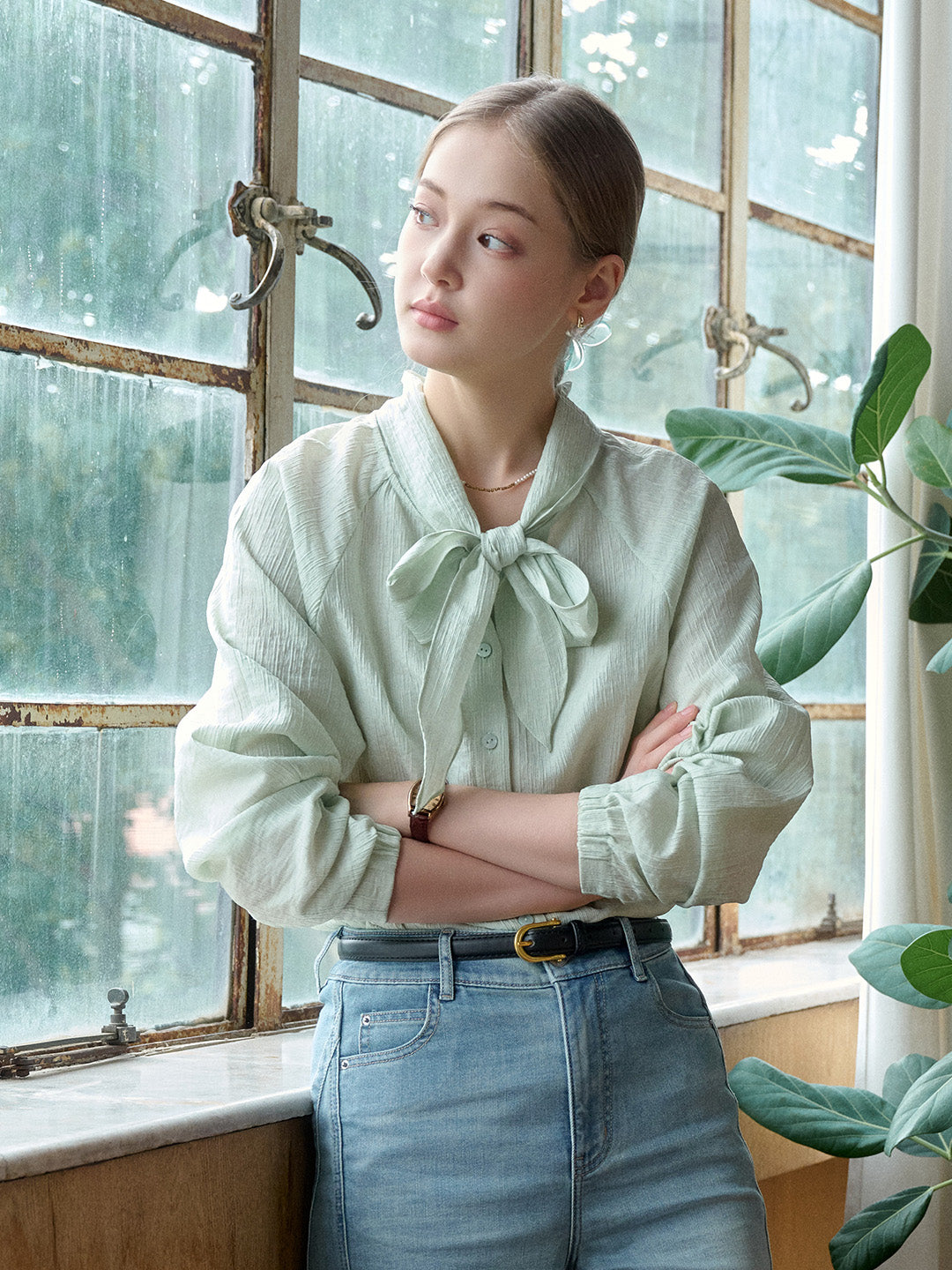 Rosemary Bow Collar Lyocell Wool Blouse