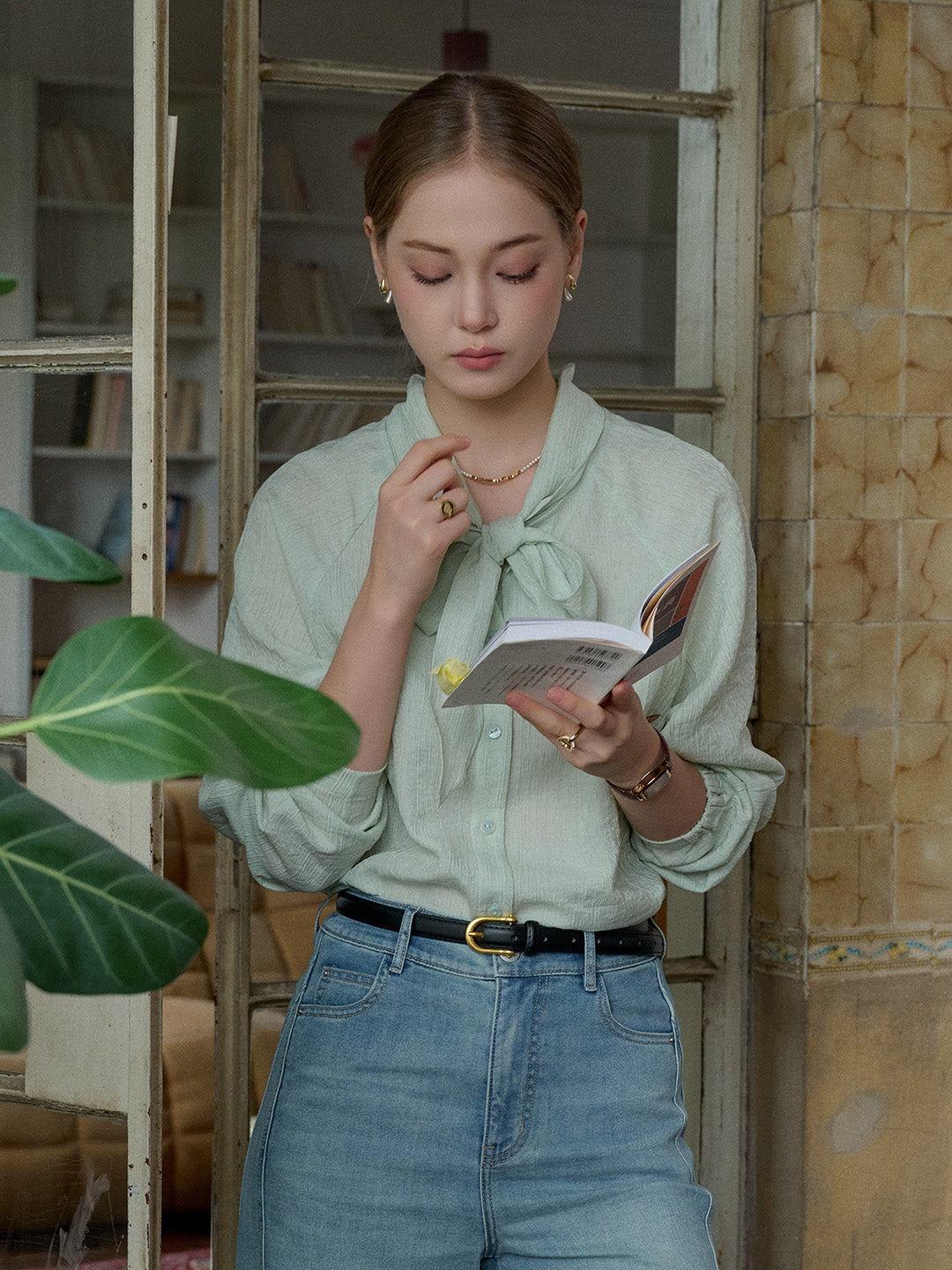 Rosemary Bow Collar Lyocell Wool Blouse
