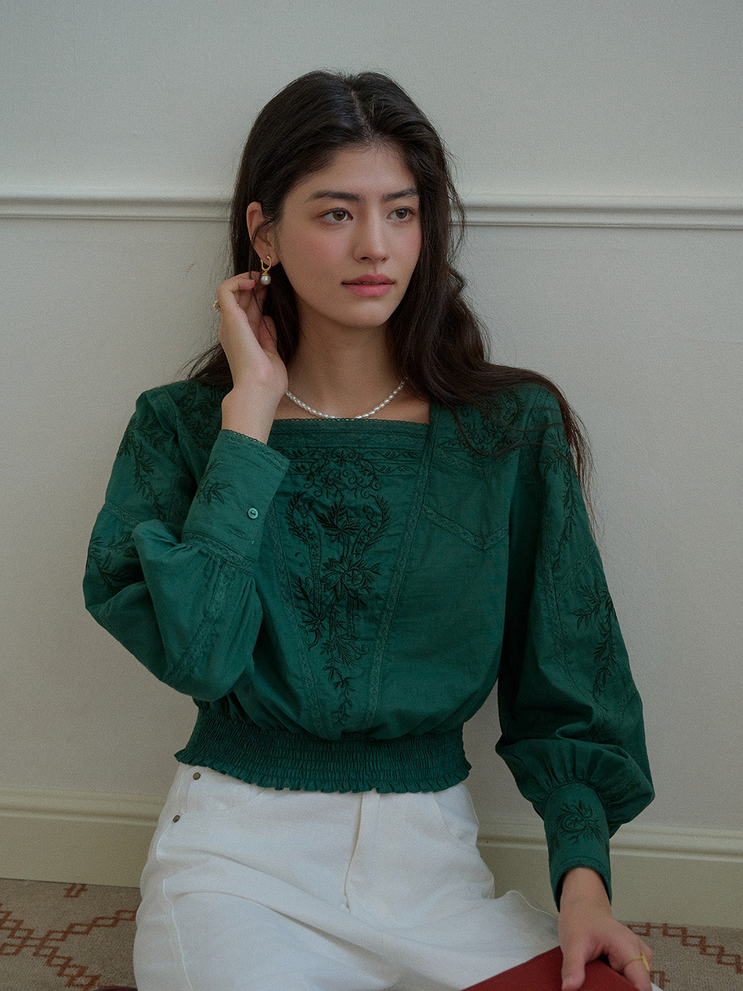 Oakley Square Neck Jacquard Lace Green Blouse