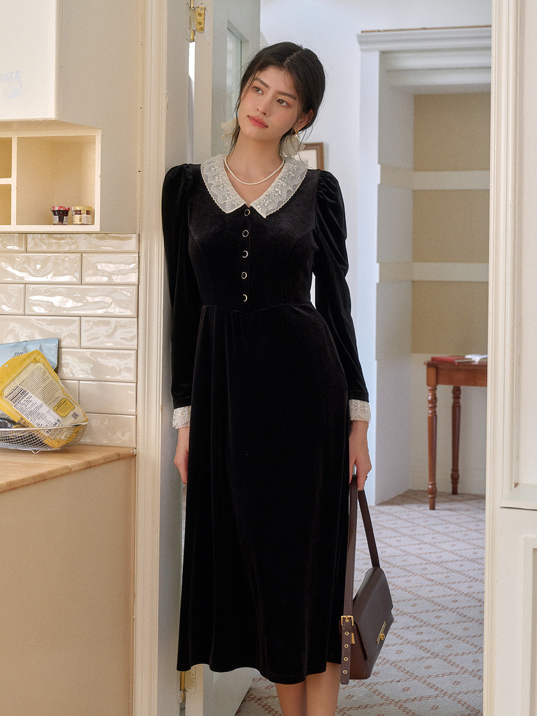 Emely V-Neck Velvet Lace Dress