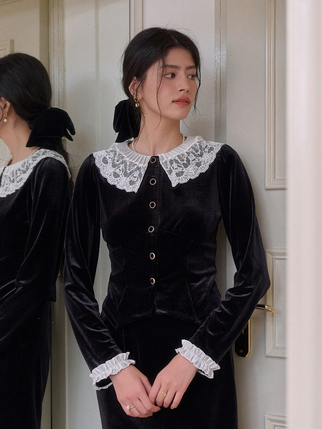 Matilda V-Neck Velvet Lace Blouse