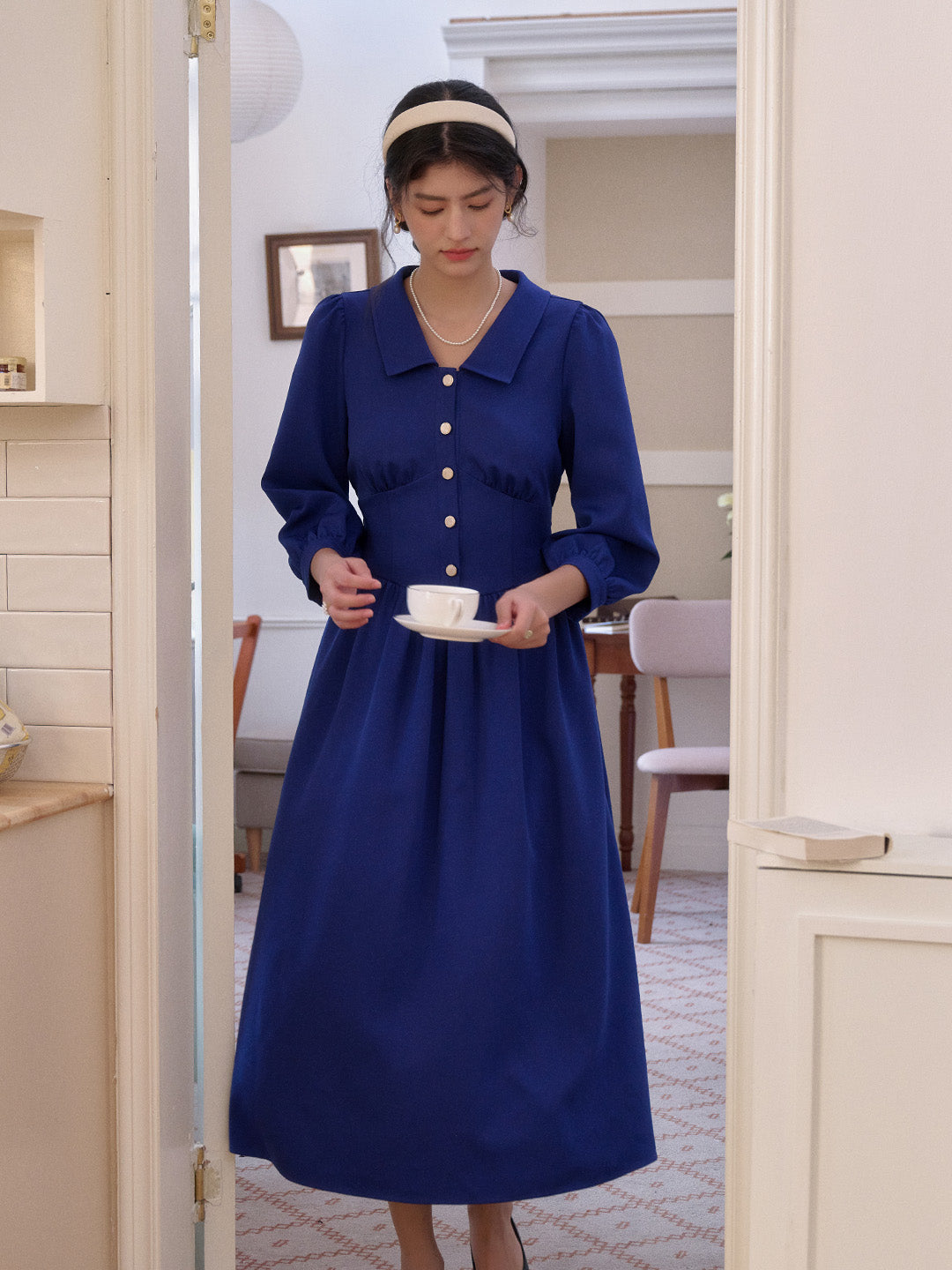 Stevie Turn-Down Collar Blue Dress