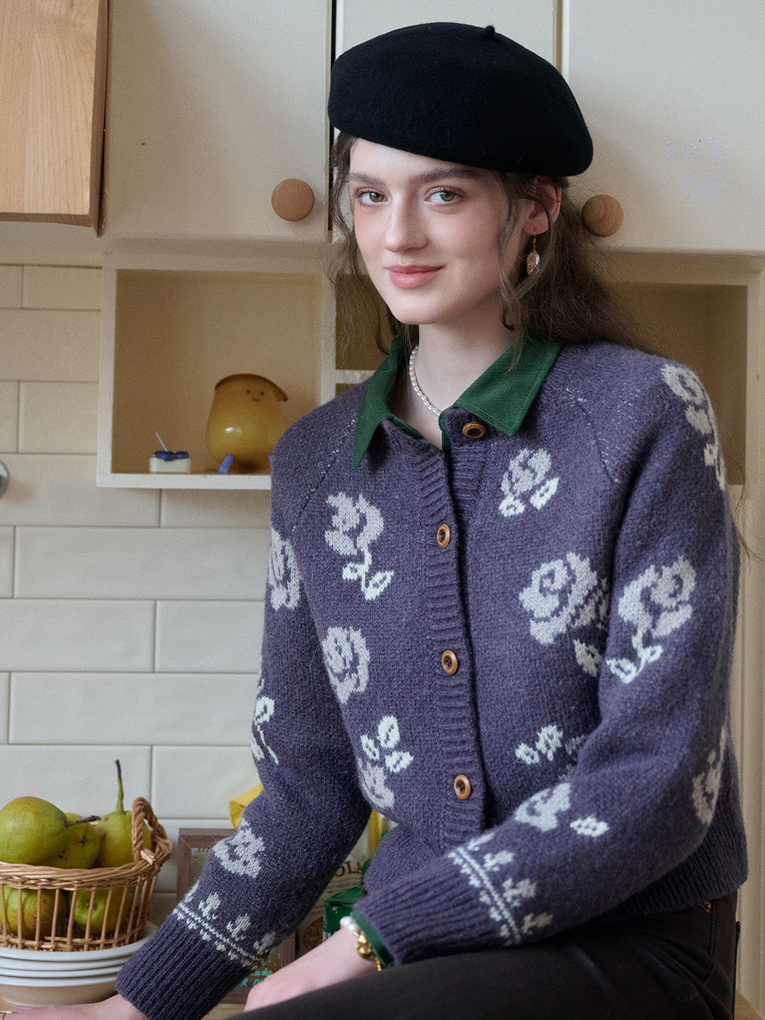 Katie Round Neck Jacquard Wool Cardigan