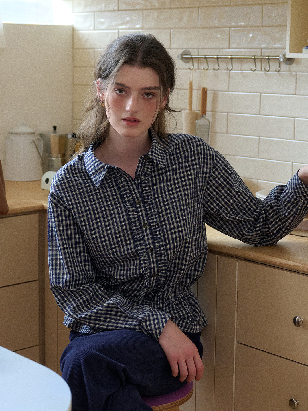 Ariya Point Collar Plaid Cotton Blouse