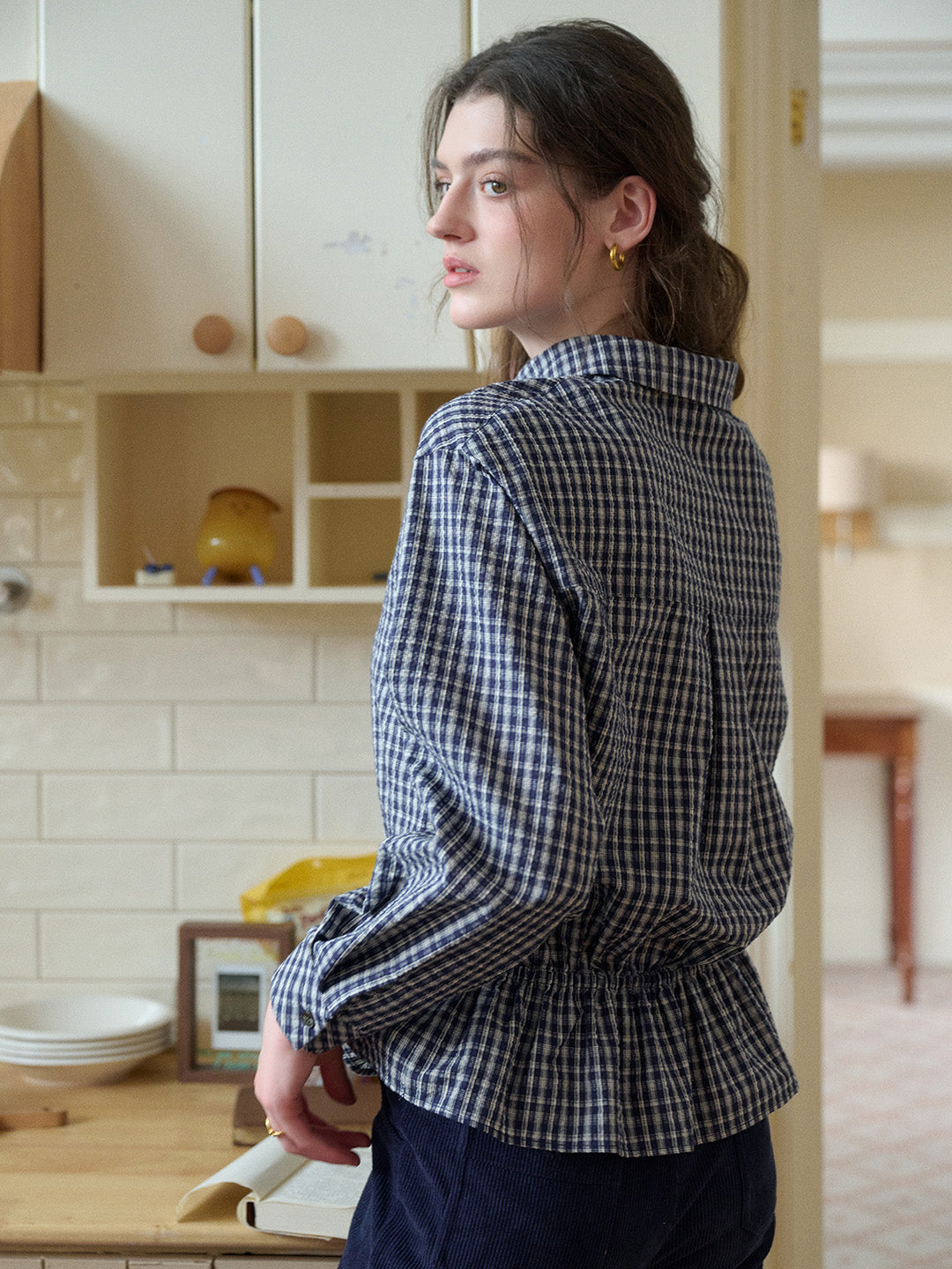 Ariya Point Collar Plaid Cotton Blouse