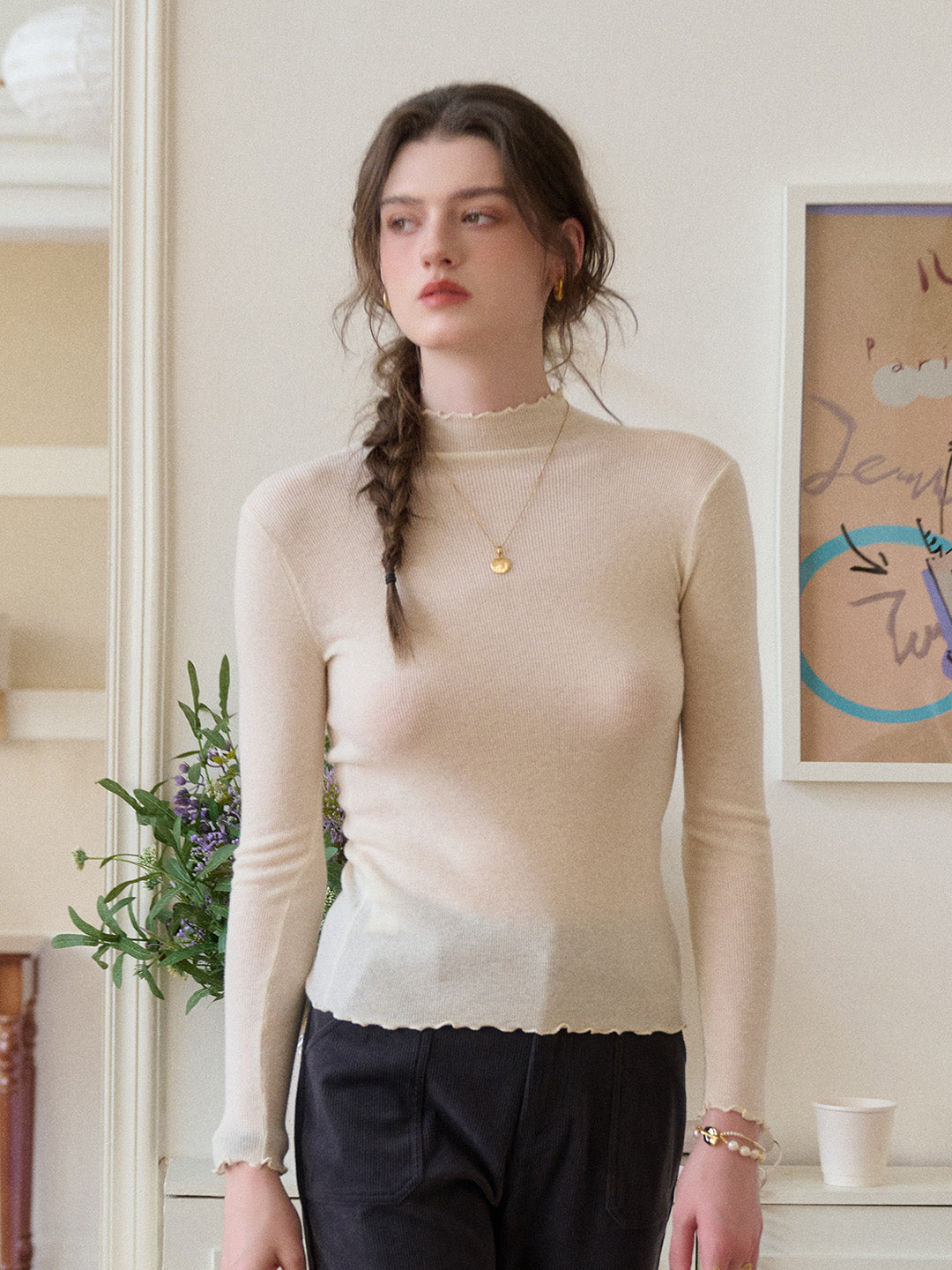Amanda Ruffle Collar 100% Wool Top