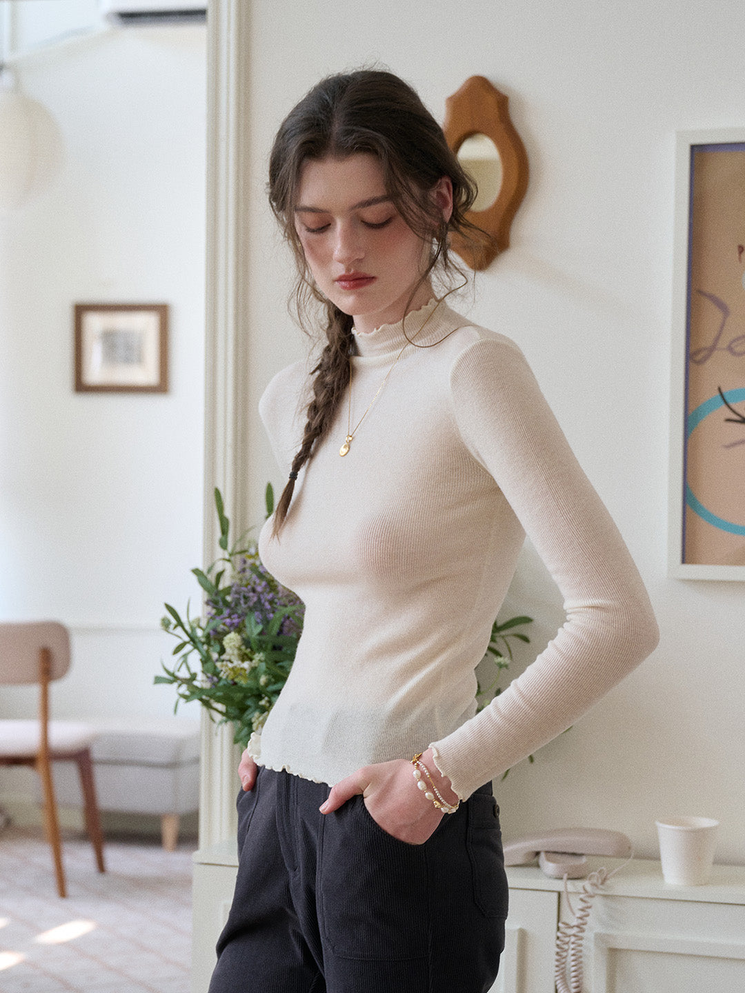 Amanda Ruffle Collar 100% Wool Top