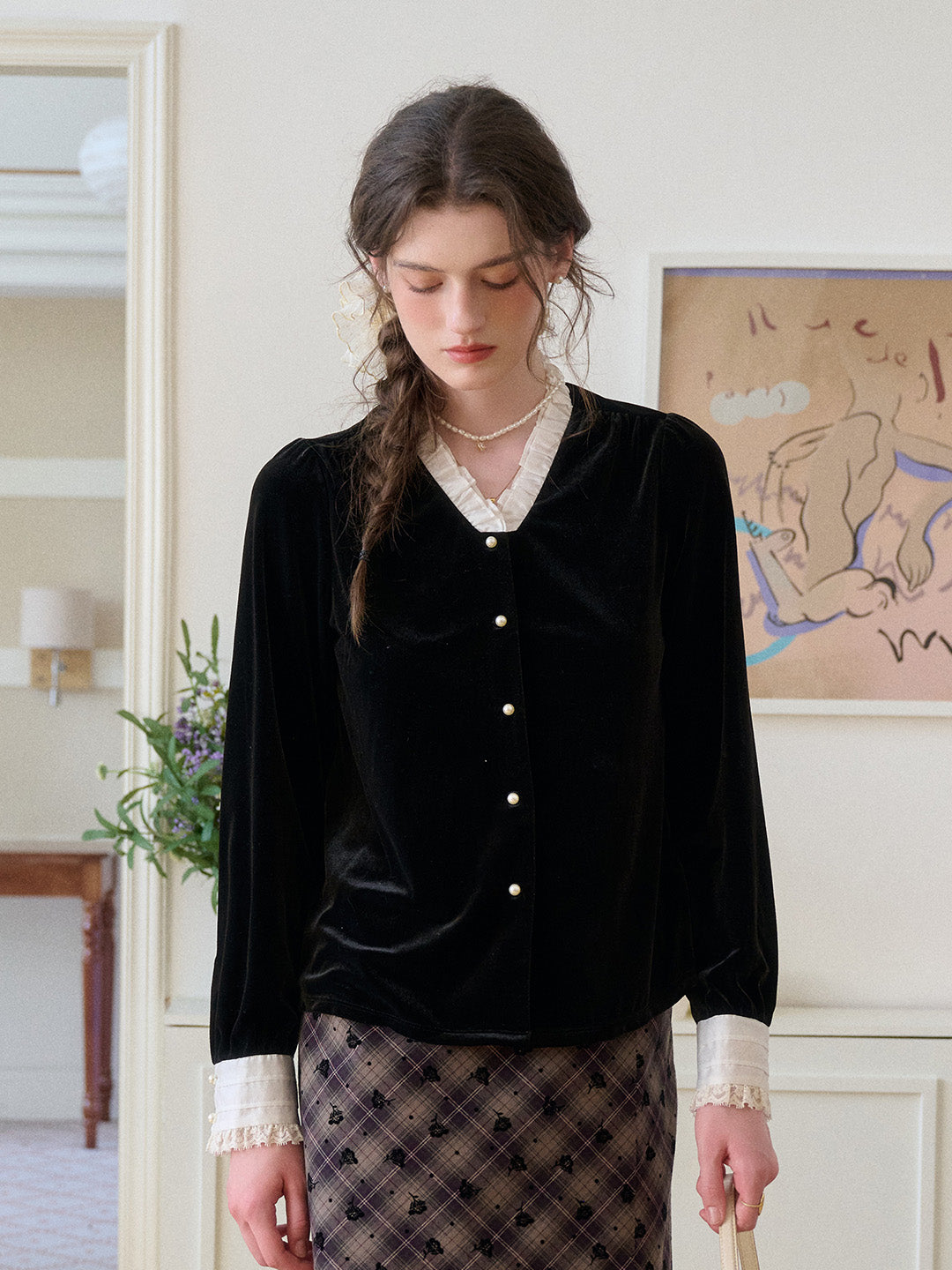 Mariam V-Neck Velvet Blouse