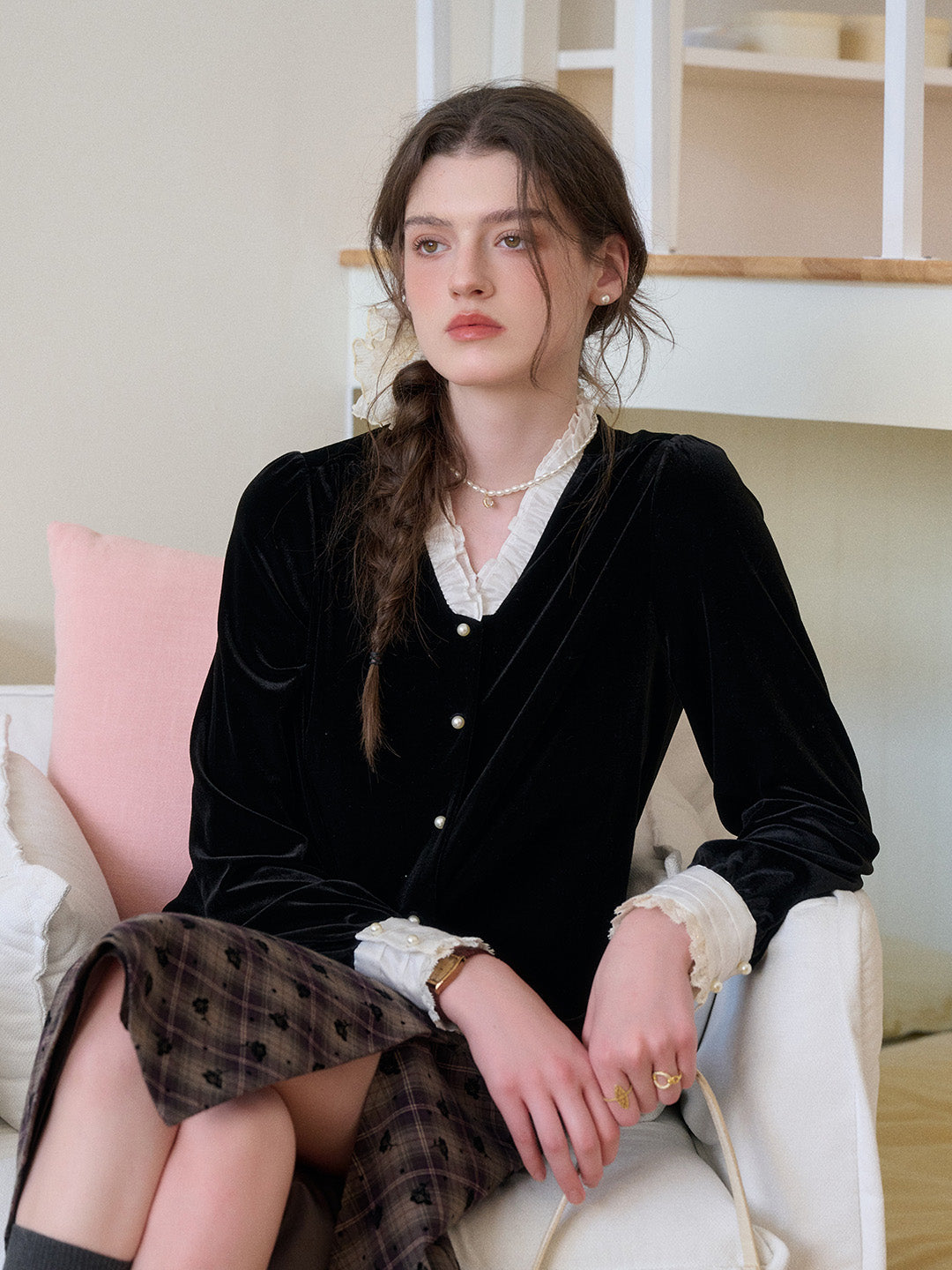 Mariam V-Neck Velvet Blouse