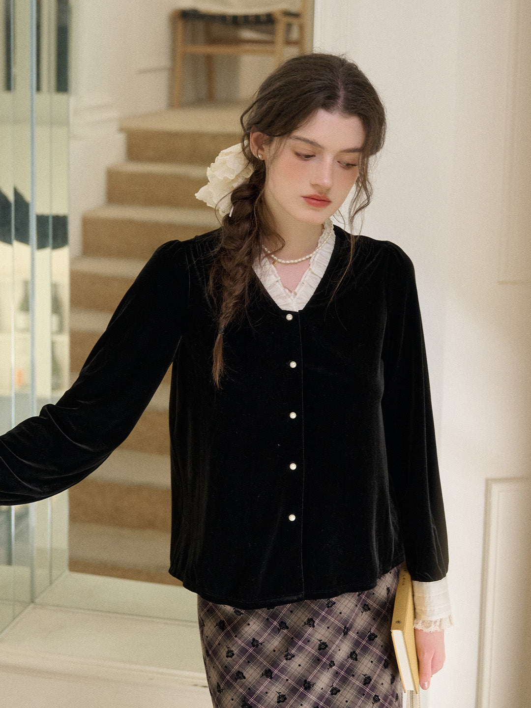 Mariam V-Neck Velvet Blouse
