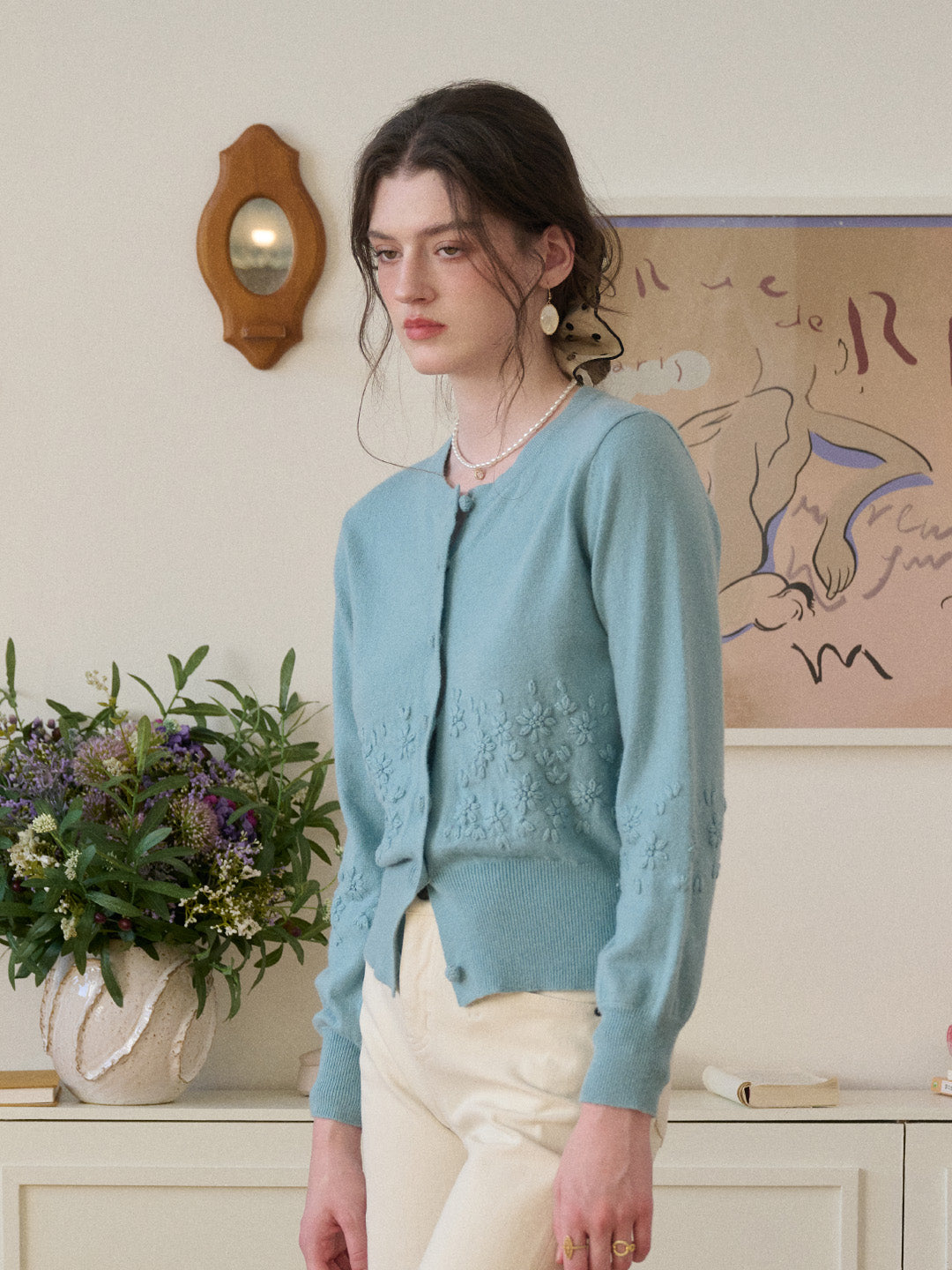 Lola Round Neck Embroidery  Wool Cardigan
