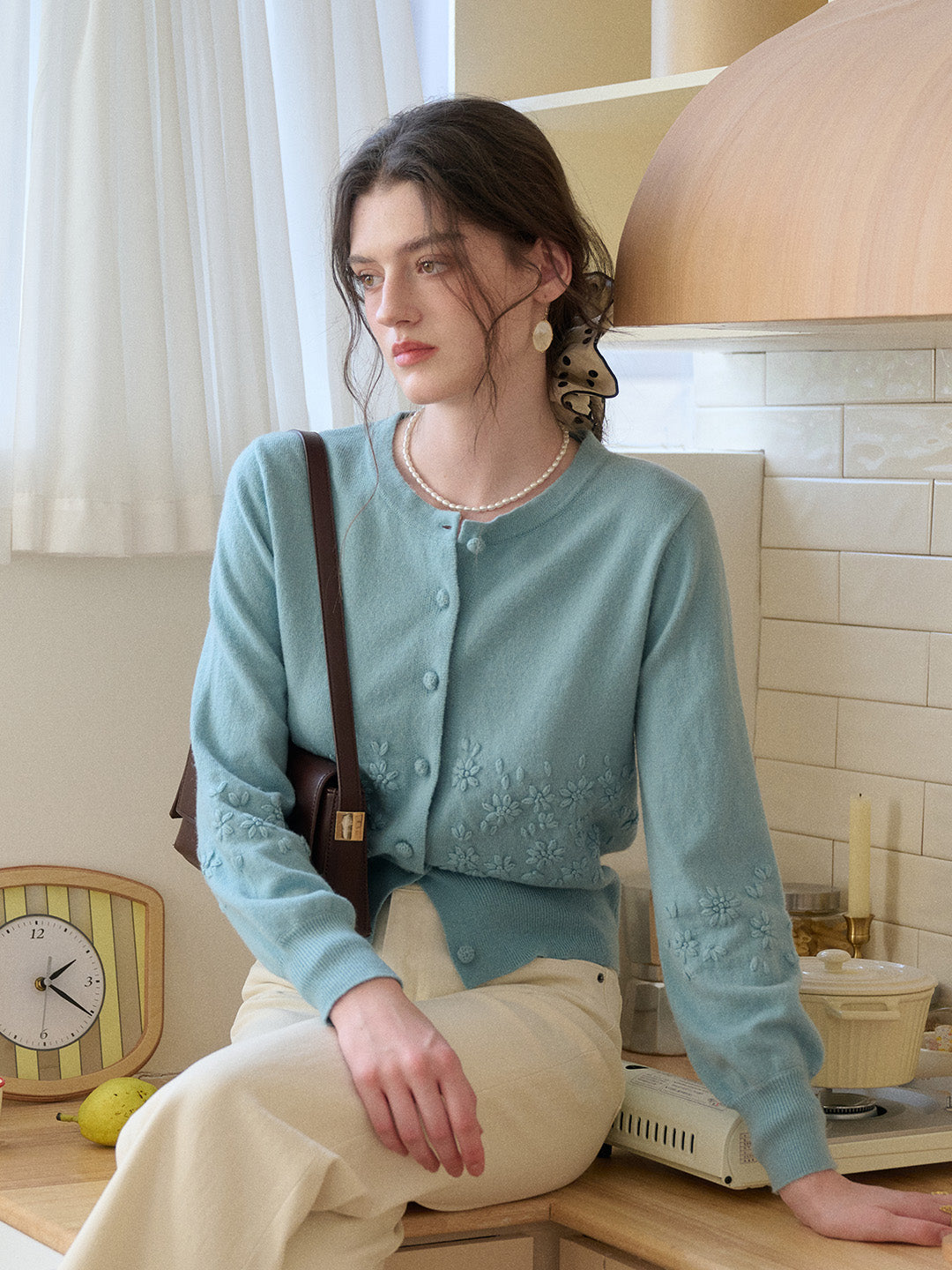 Lola Round Neck Embroidery  Wool Cardigan