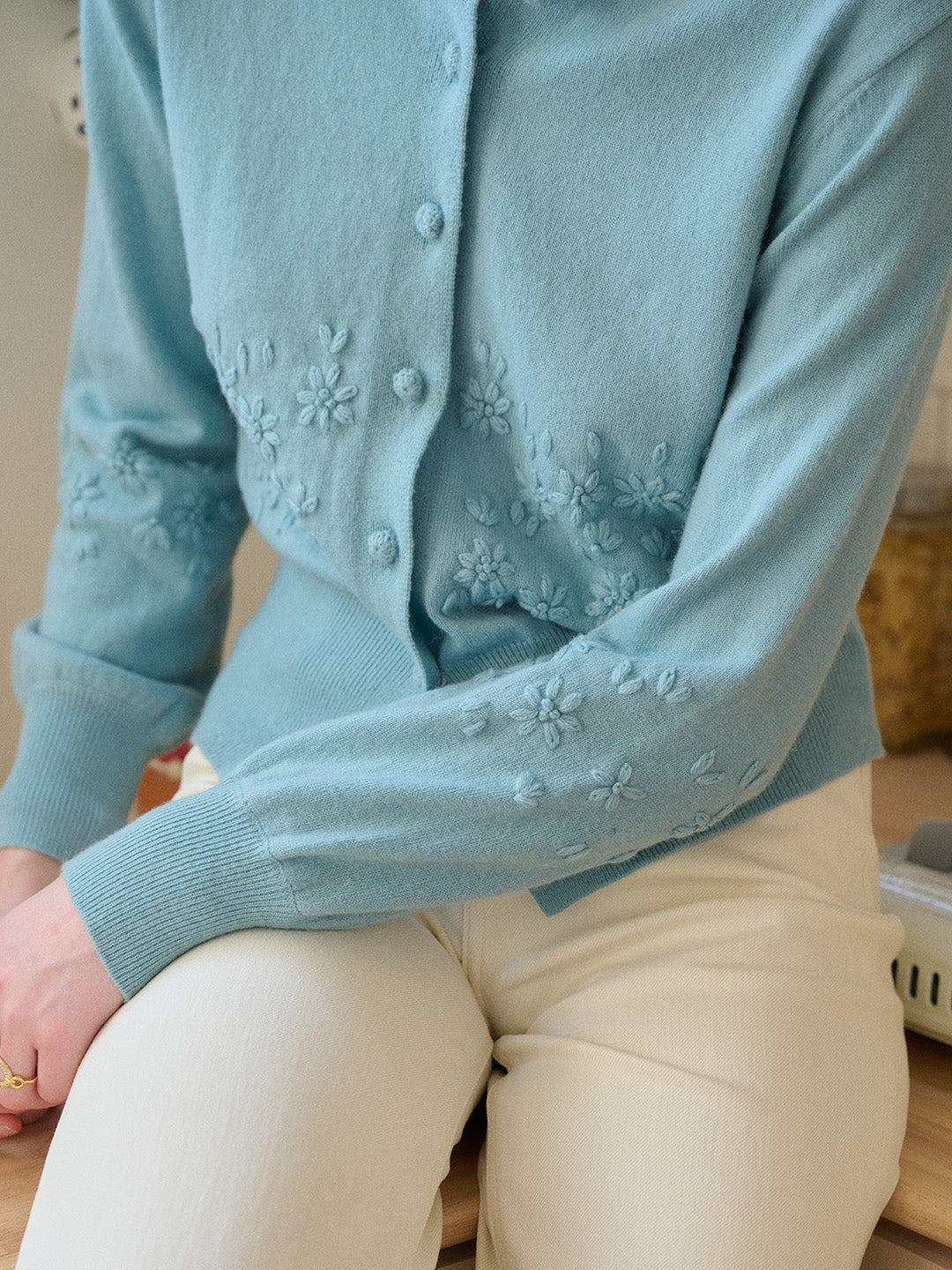 Lola Round Neck Embroidery  Wool Cardigan