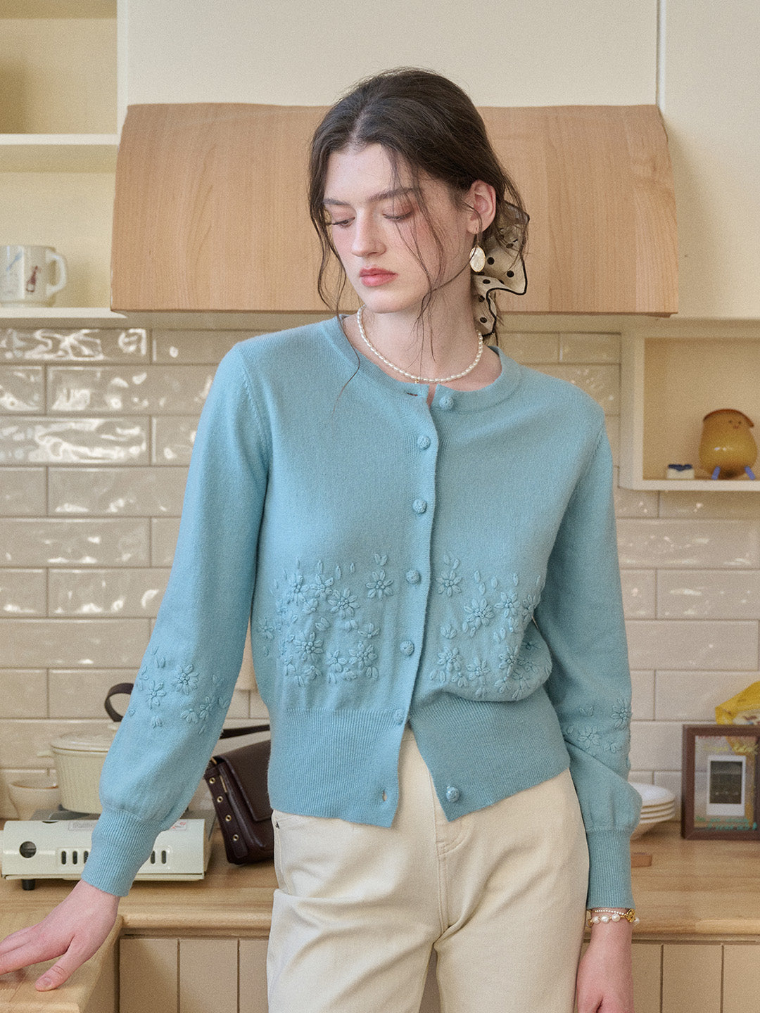 Lola Round Neck Embroidery  Wool Cardigan