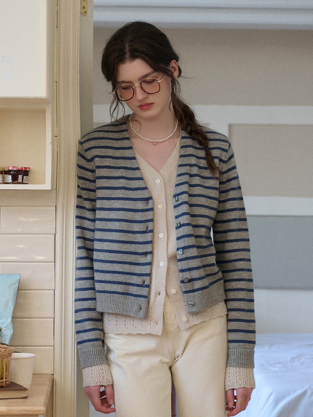 Frankie V-Neck Stripe Wool Cardigan