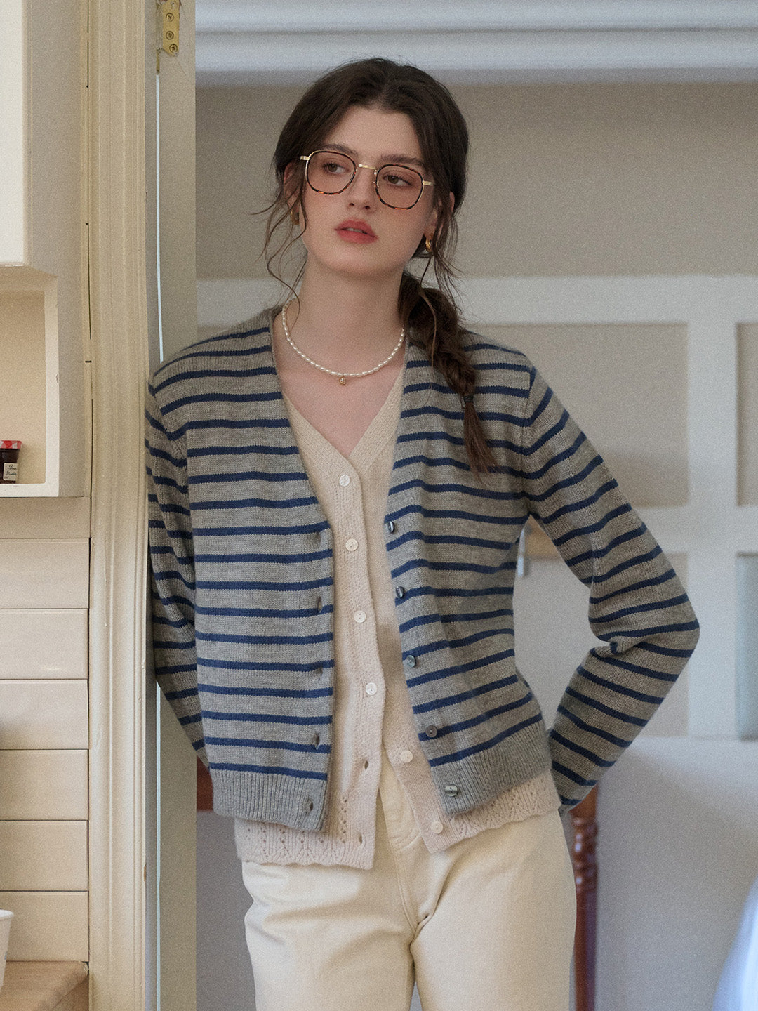 Frankie V-Neck Stripe Wool Cardigan
