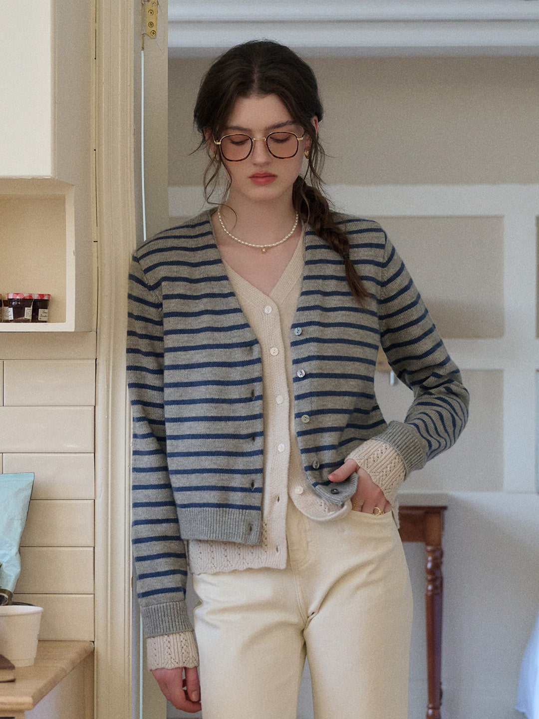 Frankie V-Neck Stripe Wool Cardigan