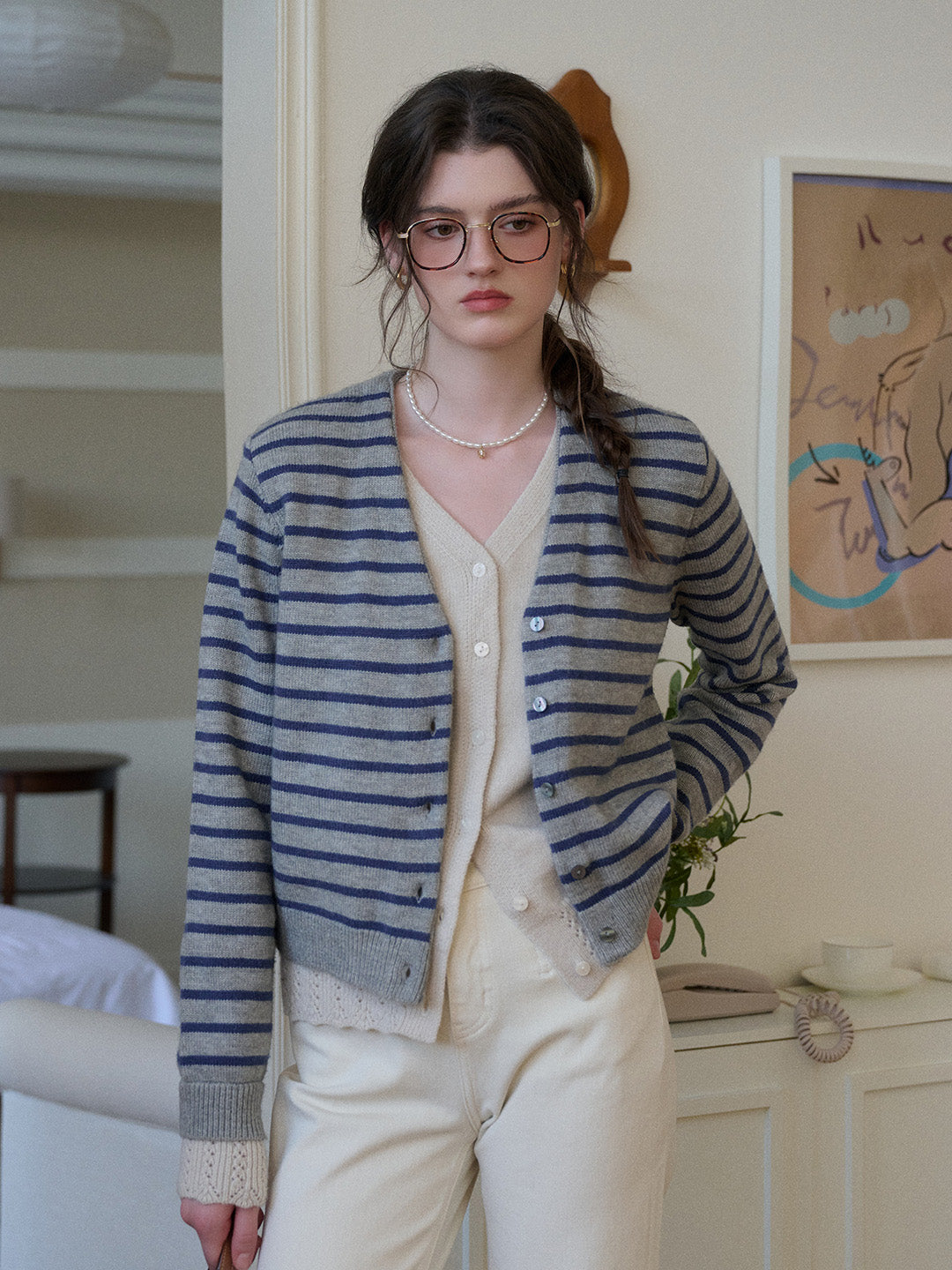 Frankie V-Neck Stripe Wool Cardigan