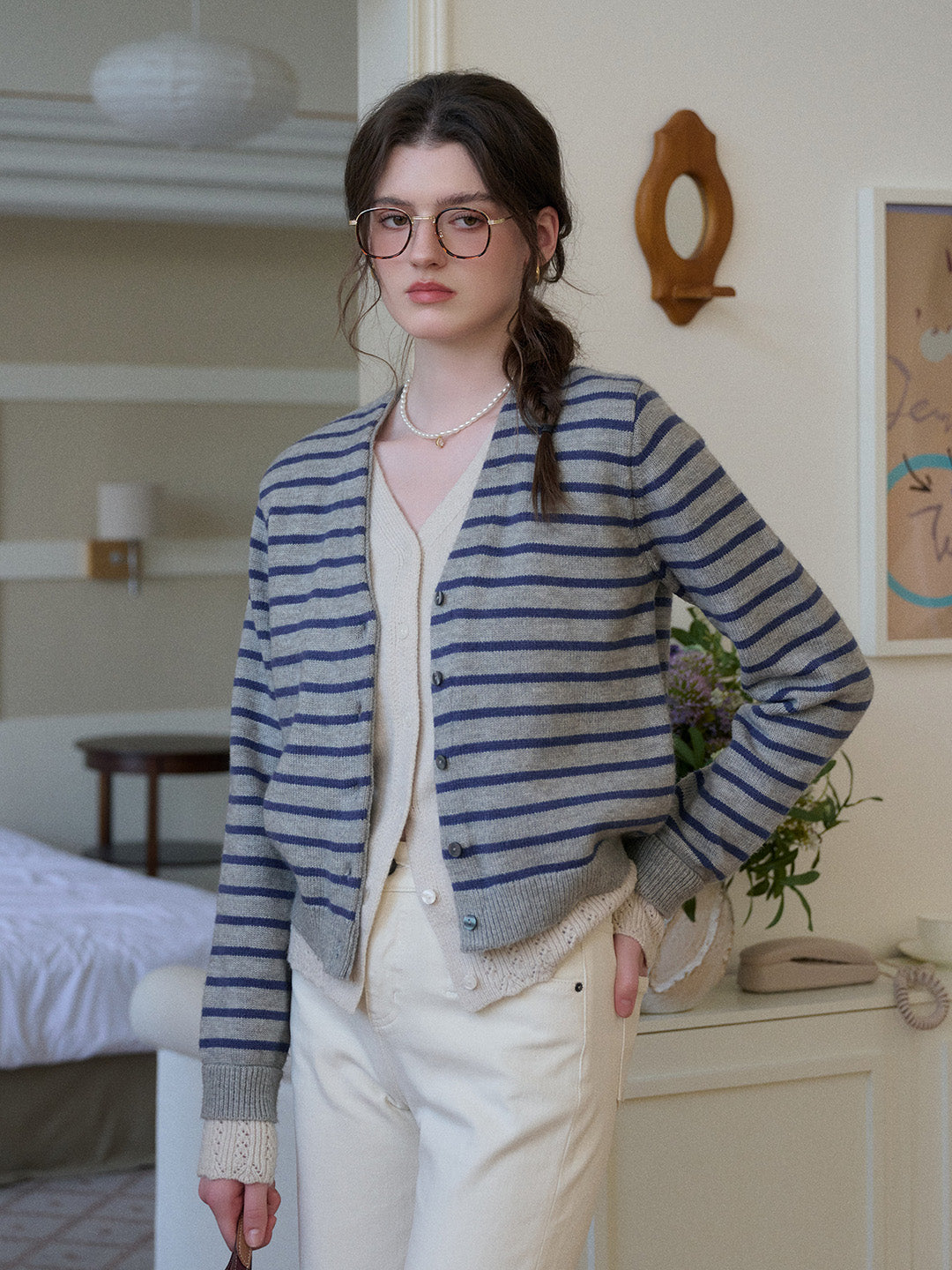 Frankie V-Neck Stripe Wool Cardigan