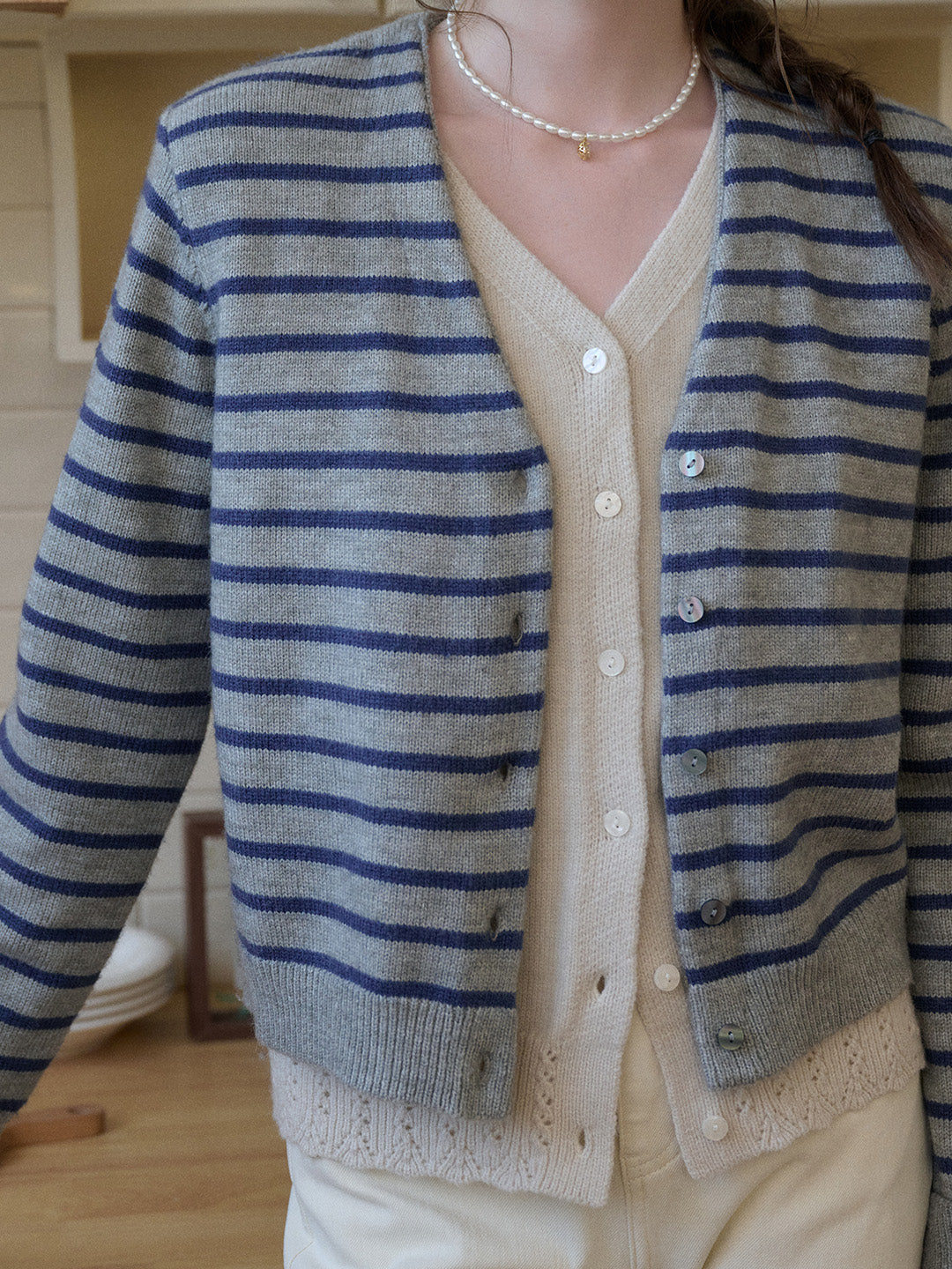 Frankie V-Neck Stripe Wool Cardigan