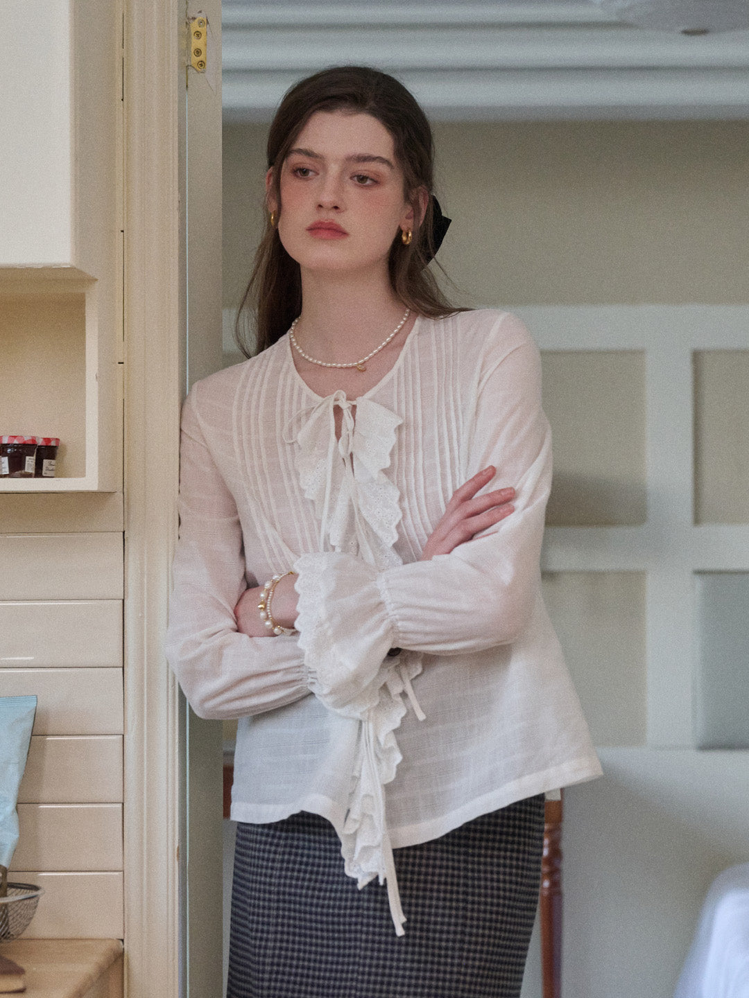 Jayla Round Neck Pleats Trumpet Sleeve Blouse