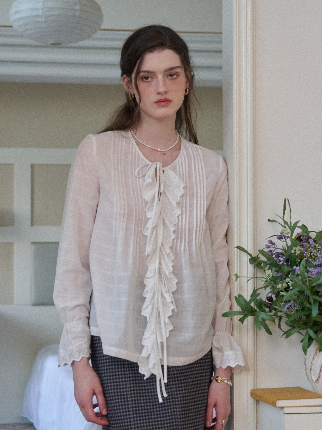 Jayla Round Neck Pleats Trumpet Sleeve Blouse