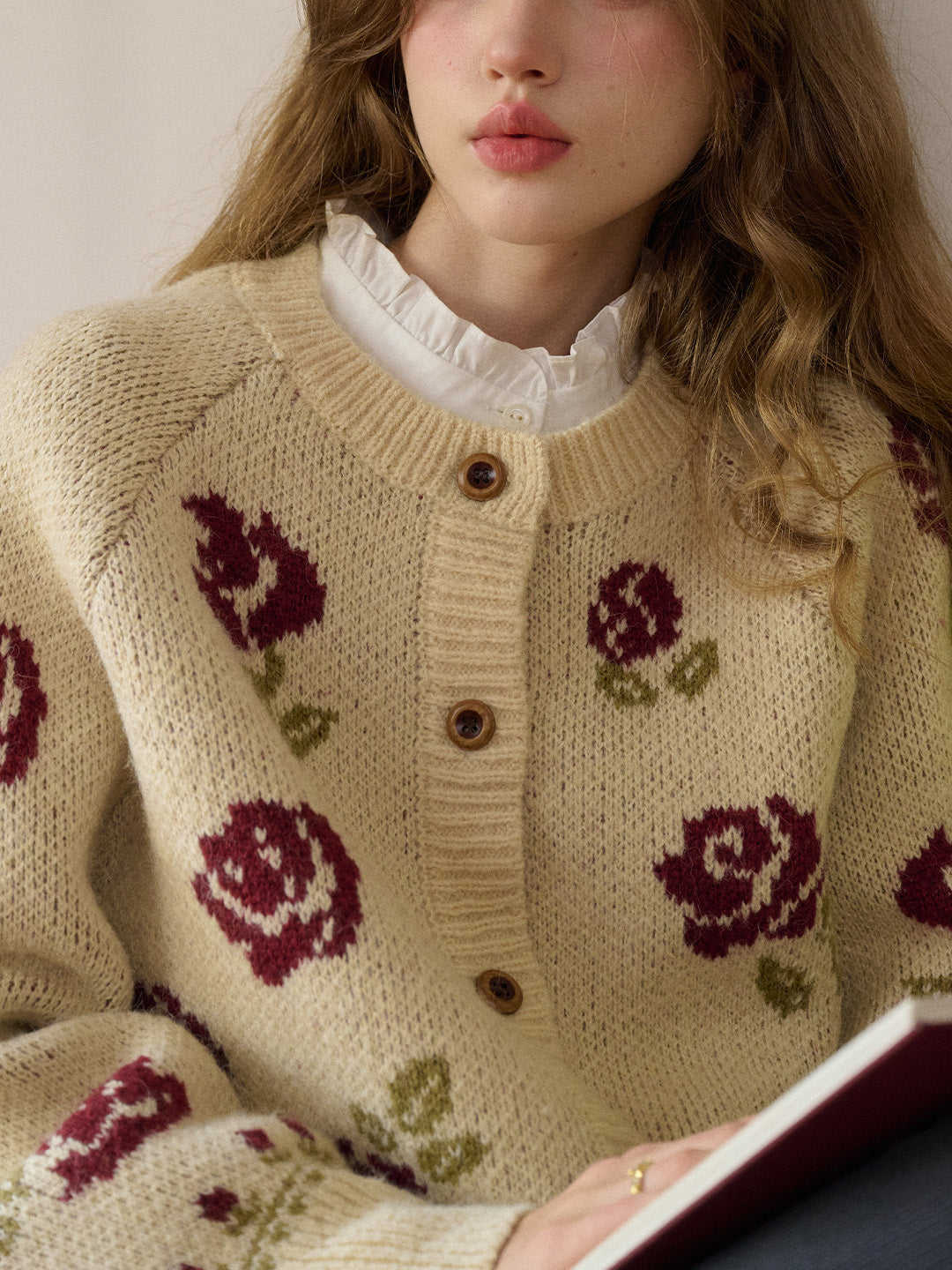 Katie Round Neck Jacquard Wool Cardigan