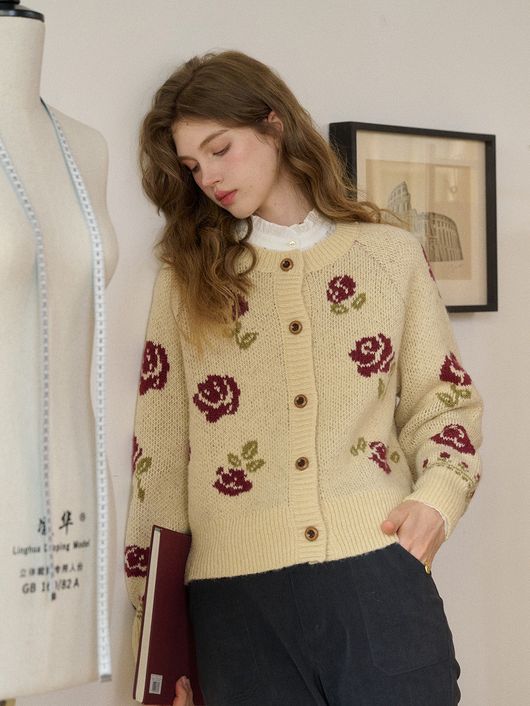 Katie Round Neck Jacquard Wool Cardigan