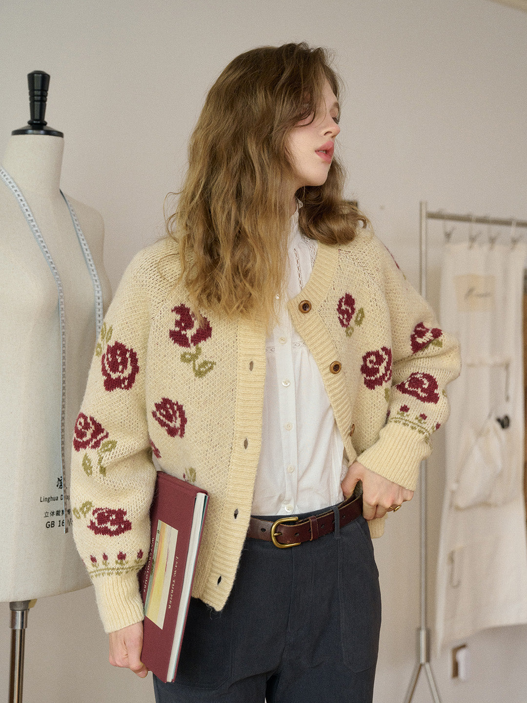 Katie Round Neck Jacquard Wool Cardigan