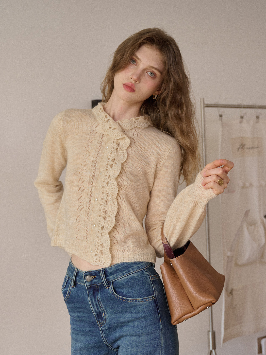 Lauren Wavy Collar Hollow Knit Cardigan