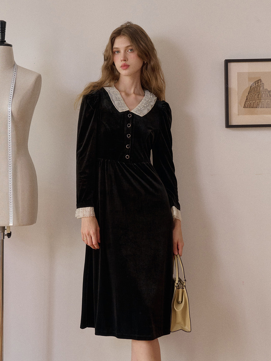 Emely V-Neck Velvet Lace Dress