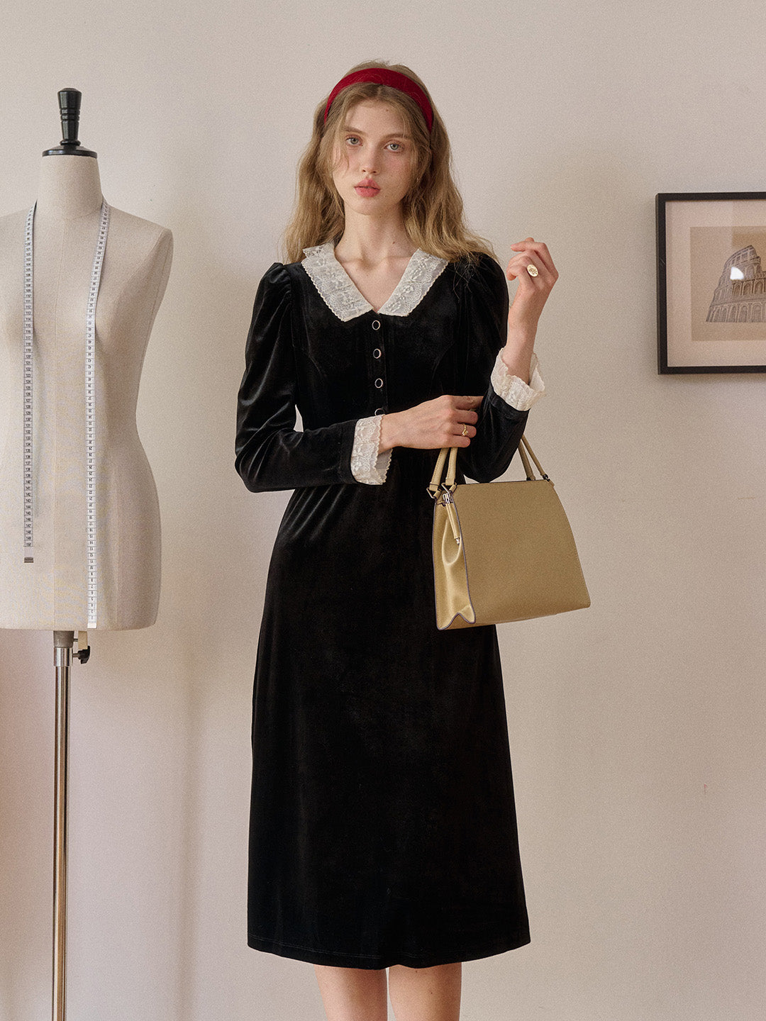 Emely V-Neck Velvet Lace Dress