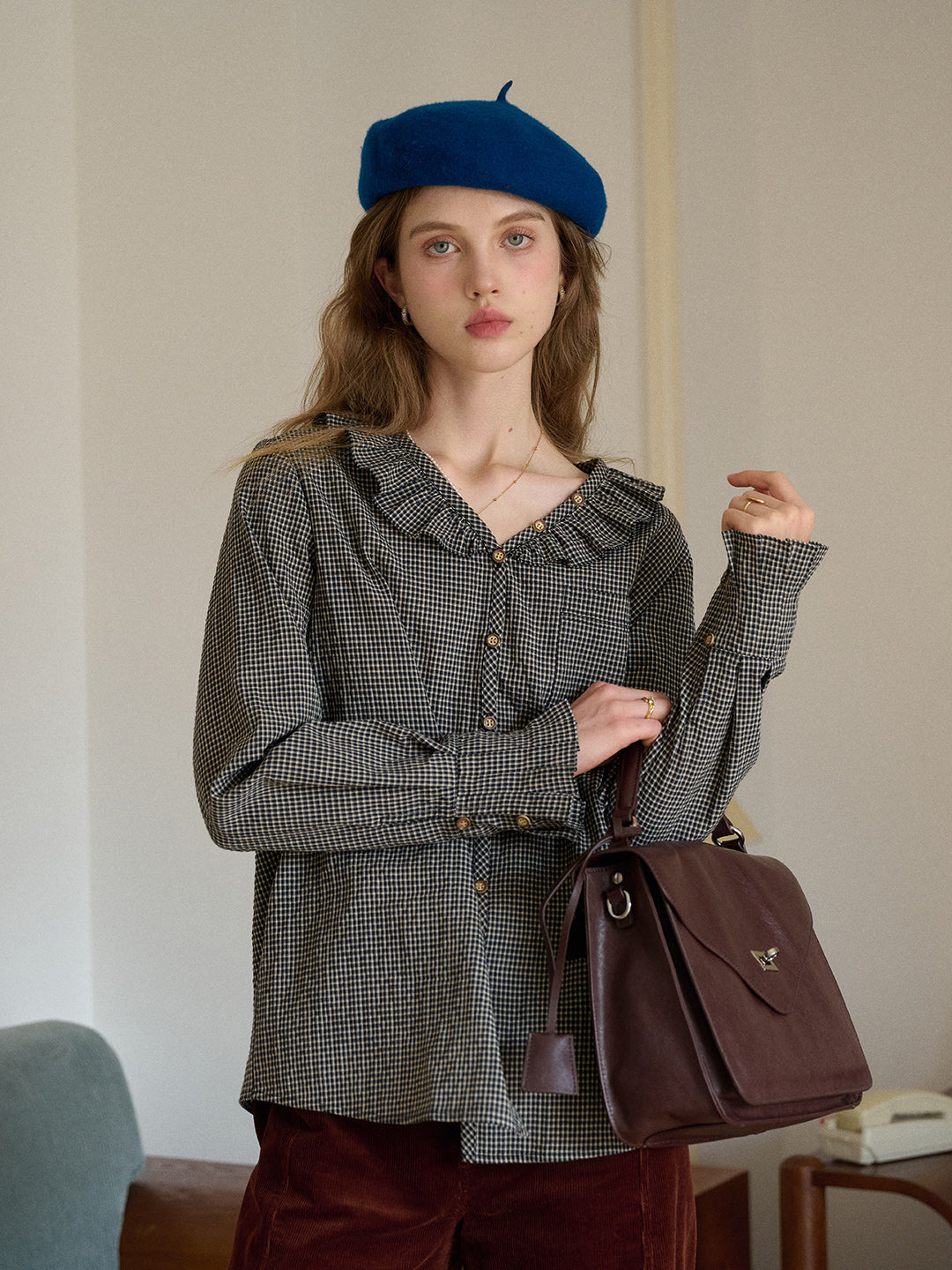 Nellie V-Neck Plaid Blouse