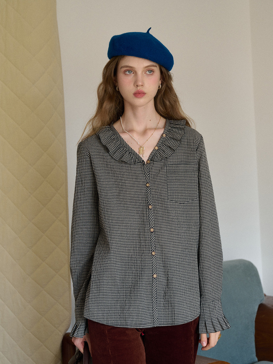 Nellie V-Neck Plaid Blouse