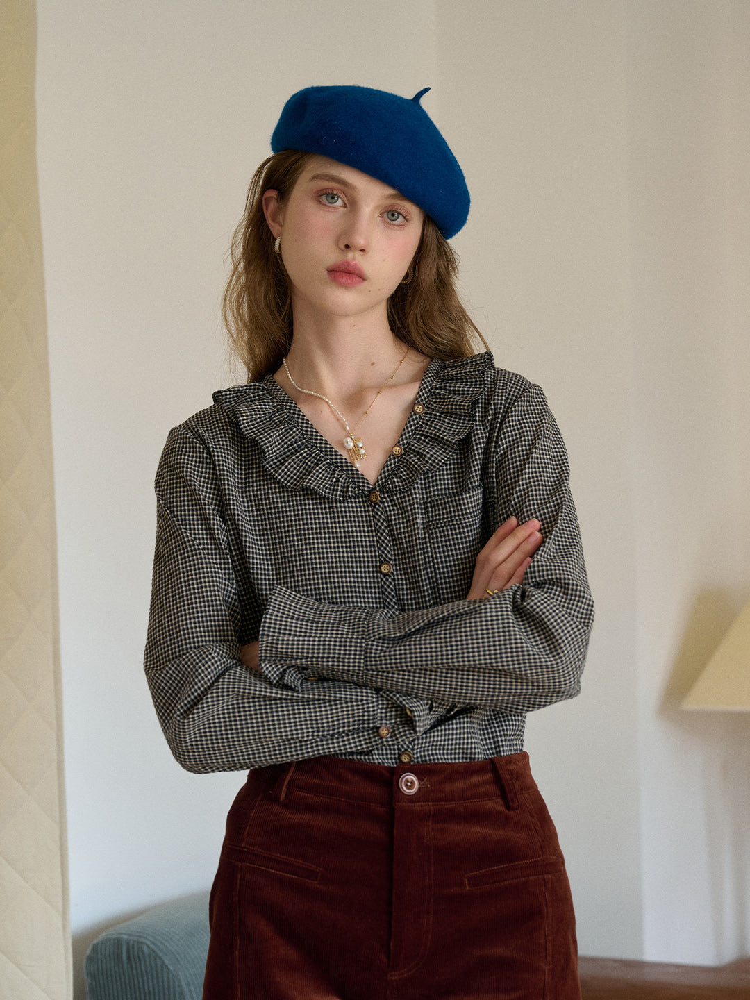 Nellie V-Neck Plaid Blouse