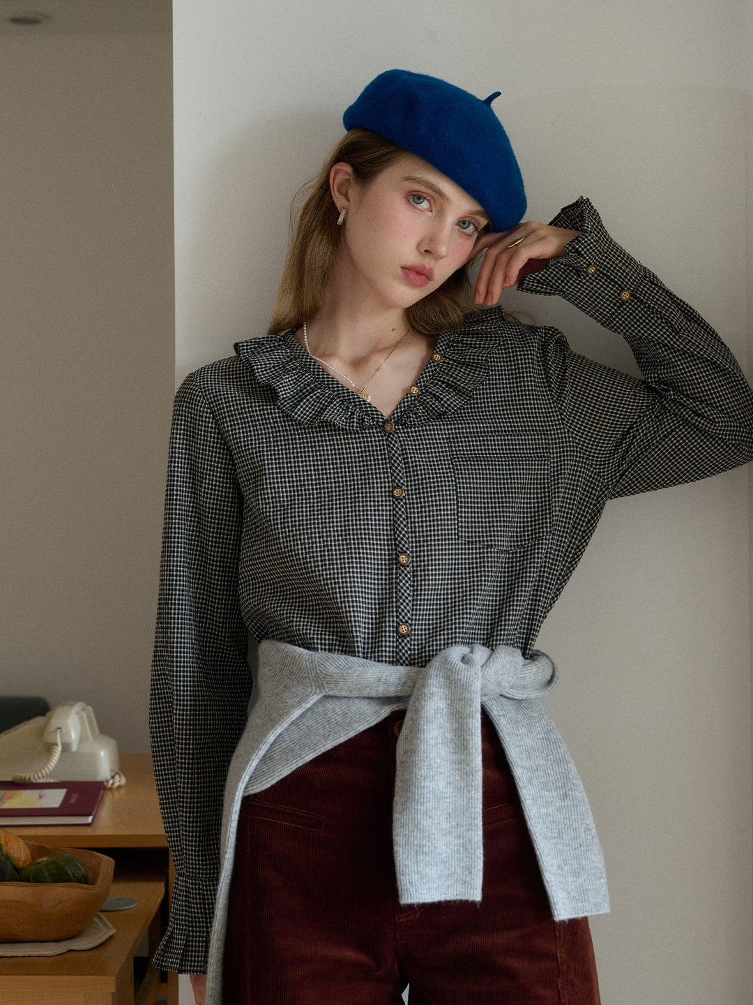 Nellie V-Neck Plaid Blouse