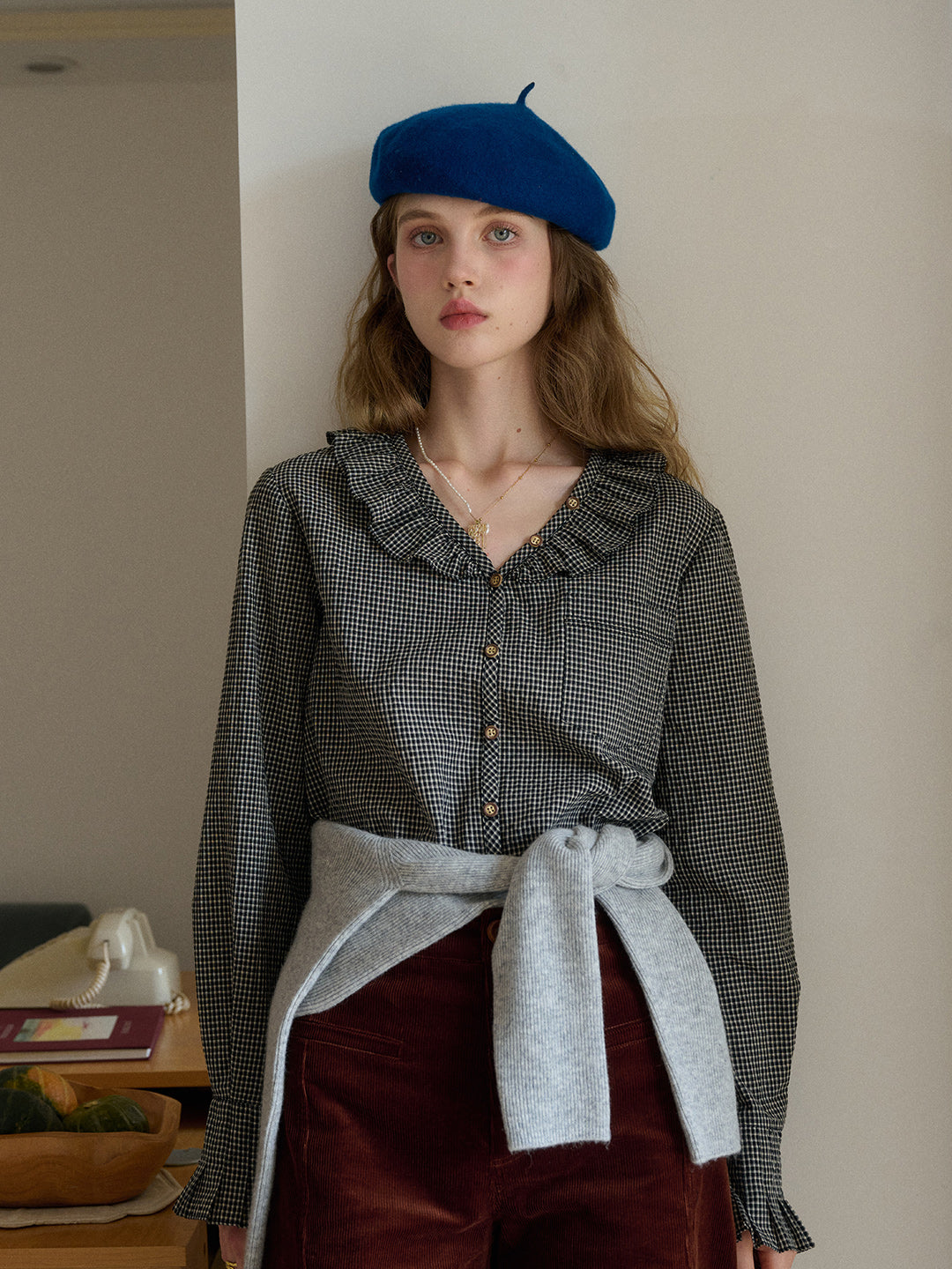 Nellie V-Neck Plaid Blouse