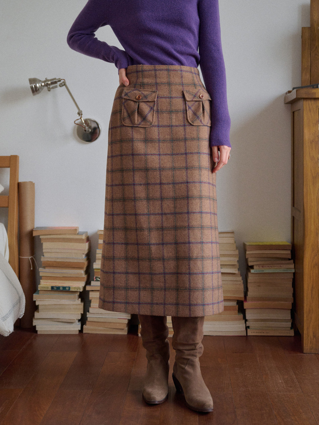 Ila Plaid Wool Midi Skirt