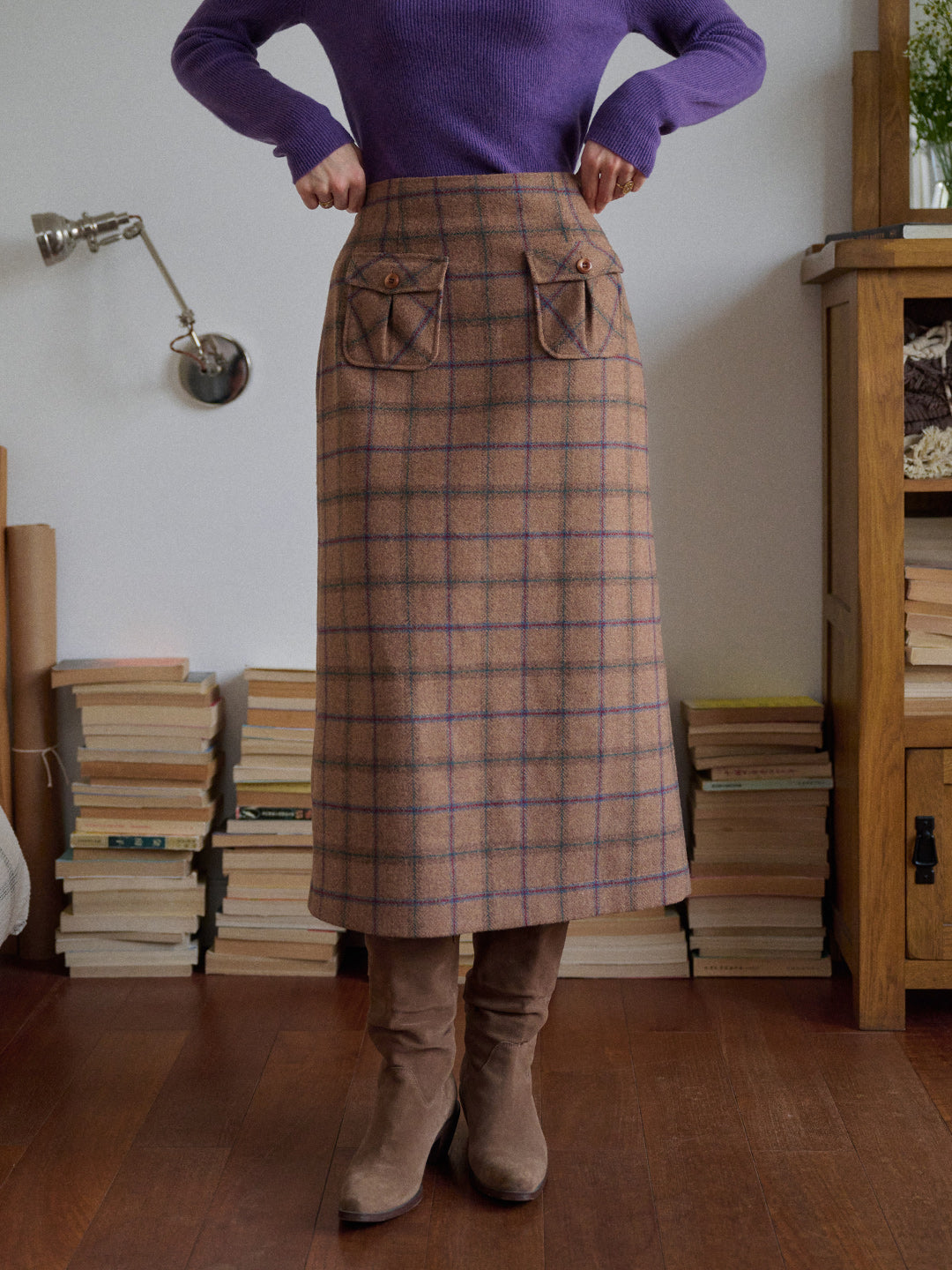 Ila Plaid Wool Midi Skirt