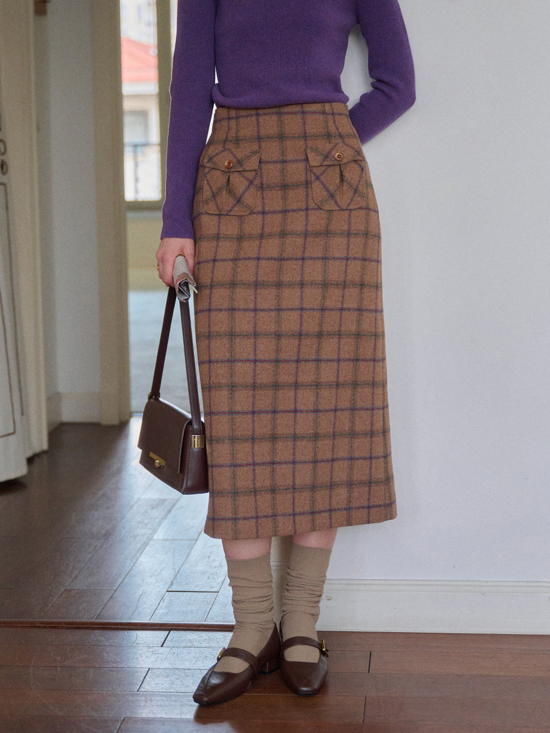 Ila Plaid Wool Midi Skirt