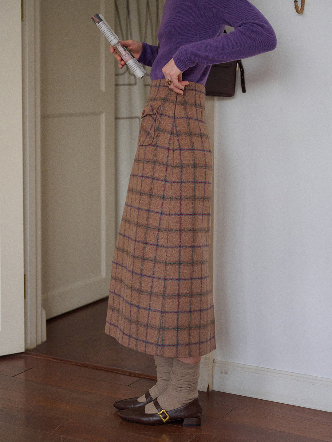 Ila Plaid Wool Midi Skirt